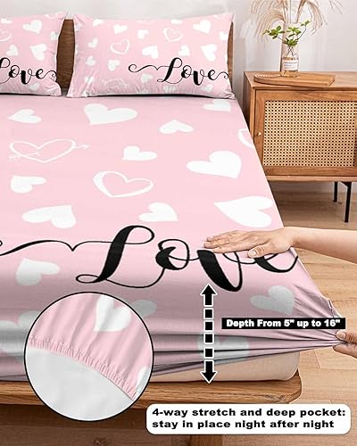 Miniatura 5 de Juego de sábanas bajeras para el día de San Valentín, tamaño Queen, 3 piezas con funda de almohada, juego de sábanas de microfibra suave con