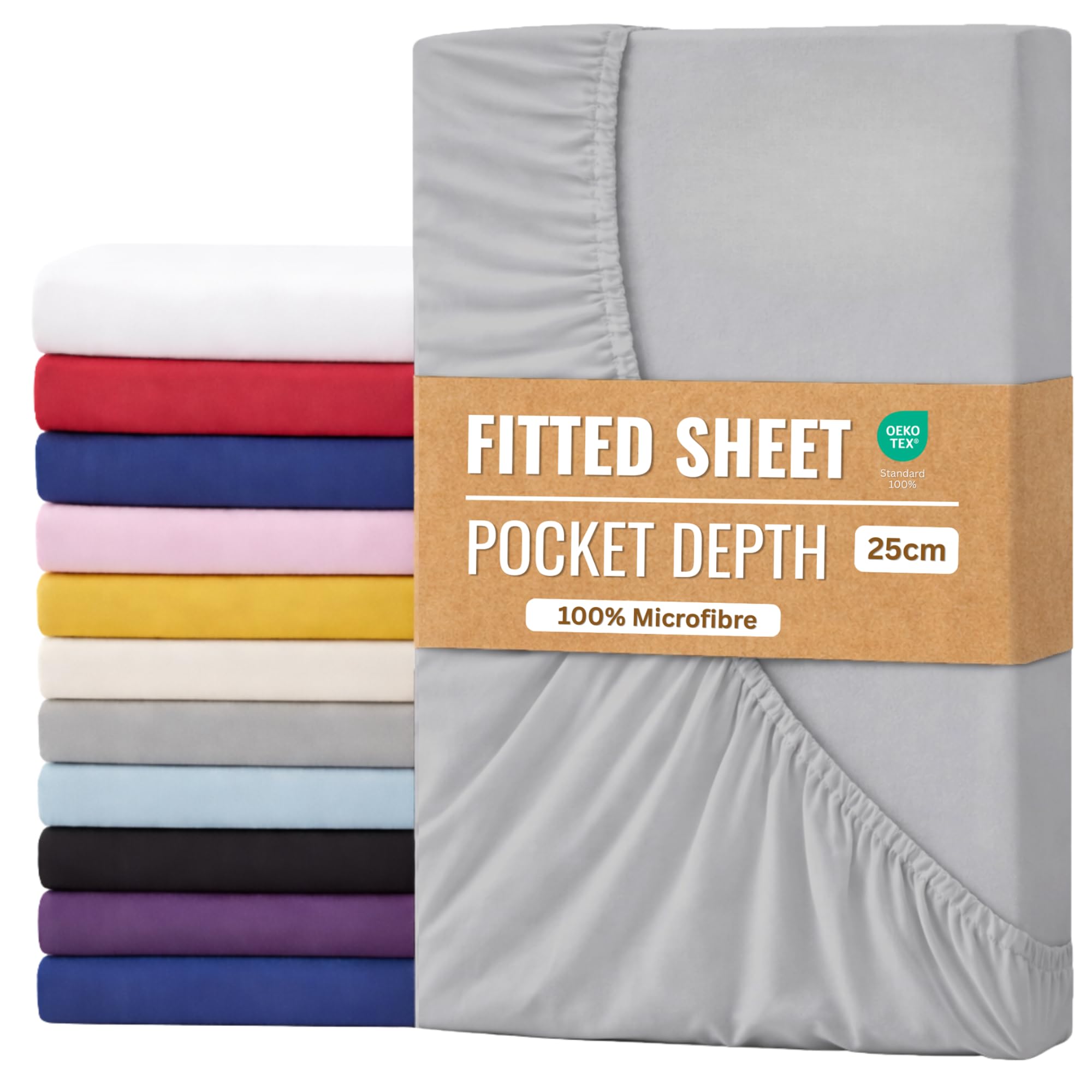 Fitted Sheet 25cm with Extra Deep Pockets - OEKO-TEX Certified Bed Sheet Single Size 90X190CM | Hotel Quality & Wrinkle Resistant | Brushed Microfibre Fitted Sheets (Grey)