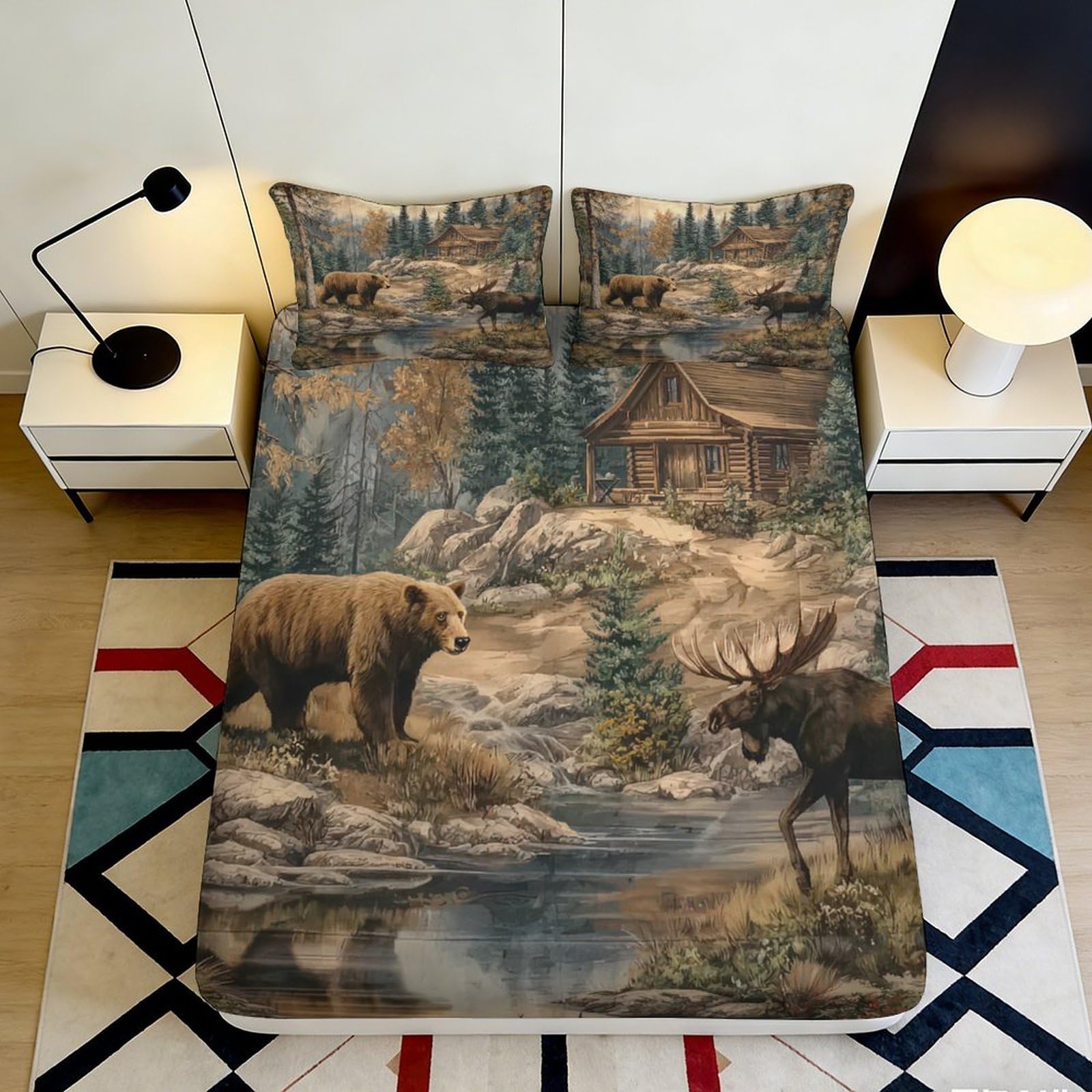 3D Printed Cabin Forest Fitted Sheet Microfiber Soft Bear Moose Mattress Cover for Bedroom Guest Room Decor 90x200x25cm