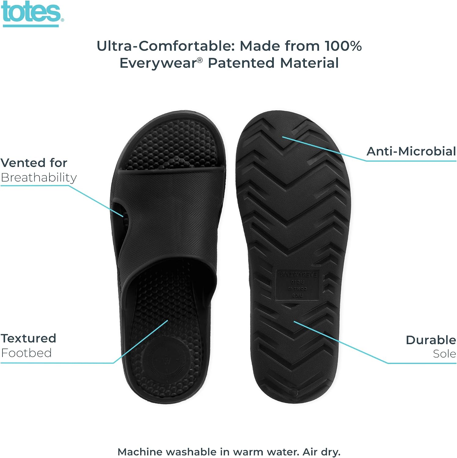 Totes Men’s Everywear Slide Sandals Lightweight Waterproof Comfort Slides with Cushioned Footbed for Pool, Beach & Everyday Wear
