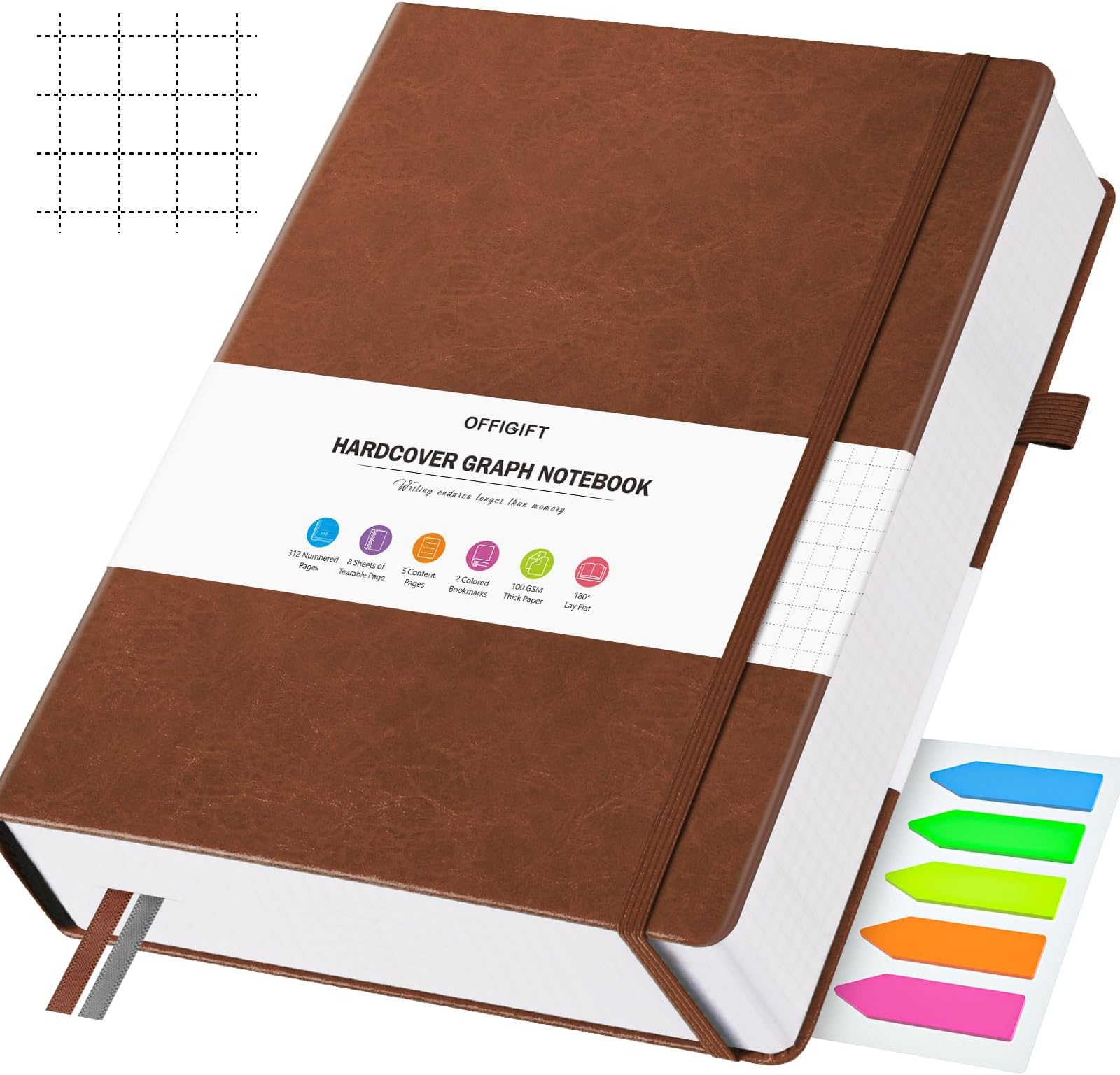 OFFIGIFT Graph Paper Notebook, 312 Numbered Pages Large A5 Hardcover Leather Journal, 100gsm No Bleed Grid Paper Notebook with Index Pages, Grid Notebook for Graphing Notes Math, 5.75" x 8.38", Brown Unknown Binding