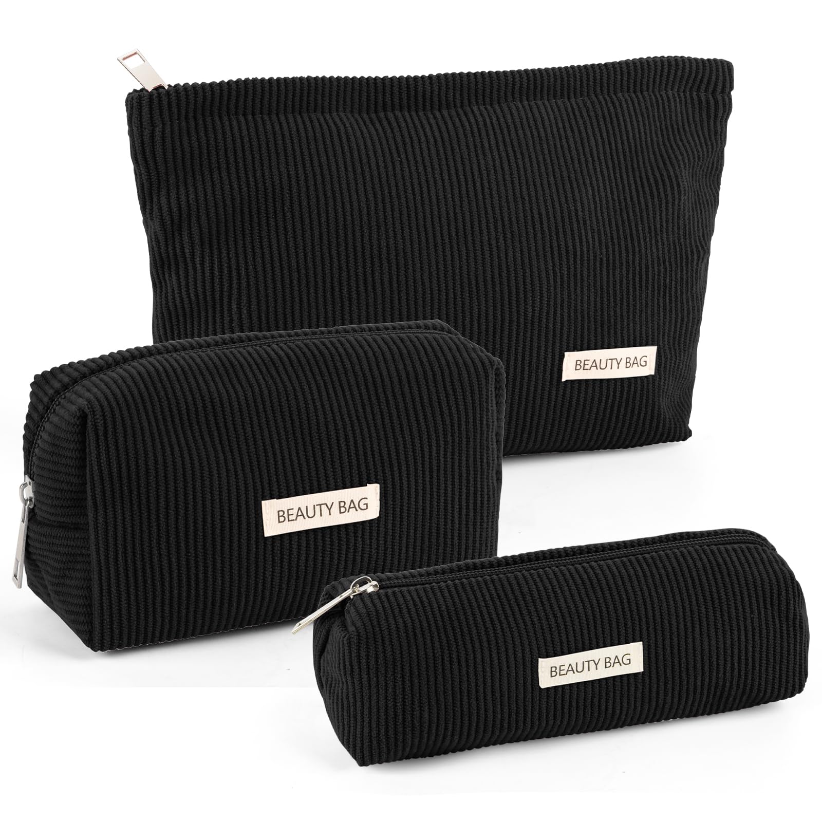 Makeup Bag Set，3 Pcs Initial Makeup Bag, Corduroy Cosmetic Bag with Zipper Closure，Cute Make Up Bag Purses Pouch Travel Toiletry Bag for Women Girls Friend Personalized Gifts (Black)
