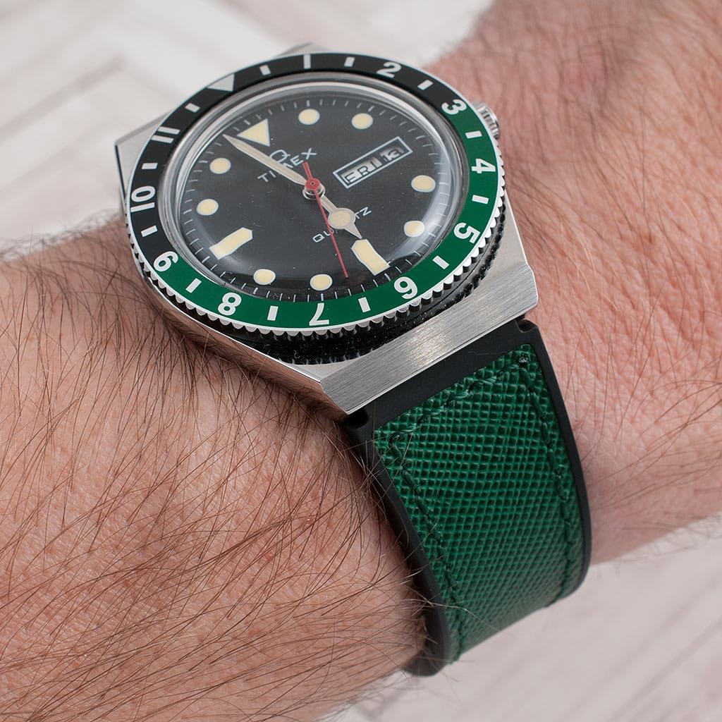 StrapHabit Ersatz-Uhrenarmband für Q Timex, passend für 36 mm, 38 mm, 40 mm, M79, GMT, Chronograph – TQ18 Schnellverschluss-Lederarmband & FKM-Gummi-Hybrid, 18 mm