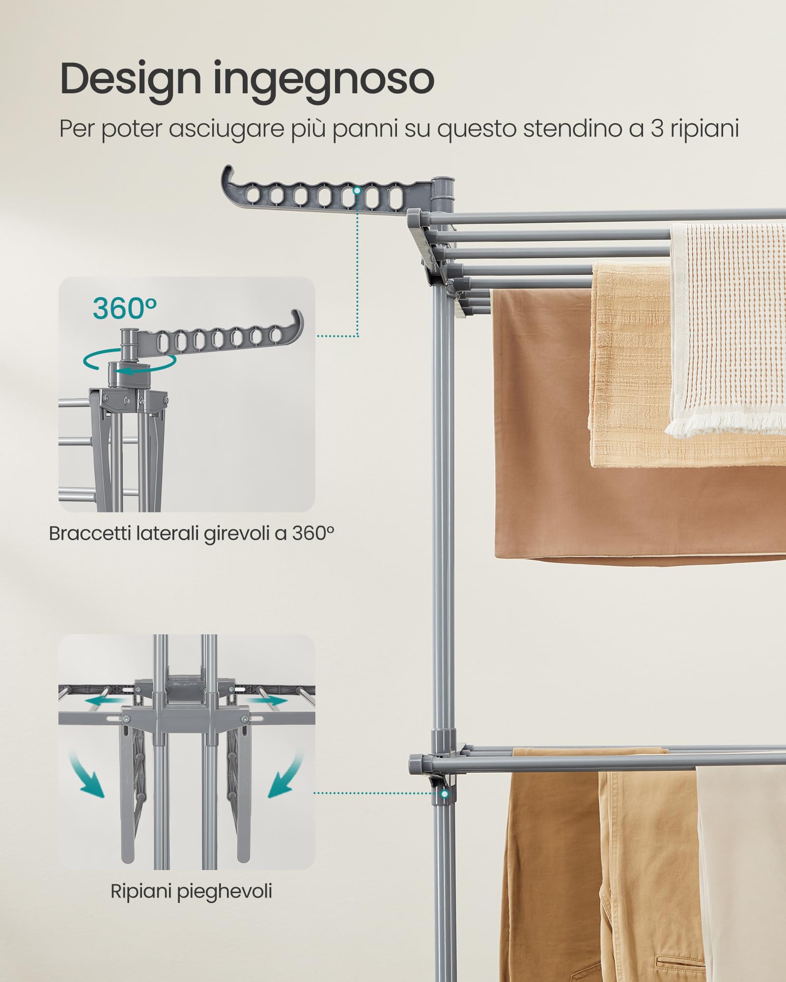 SONGMICS Stendibiancheria, Stendino Pieghevole a 3 Livelli, con Ruote e Ali Richiudibili, 63,5 x 128 x 148 cm, Capiente, Uso Interno ed Esterno, Grigio Tortora LLR702G01