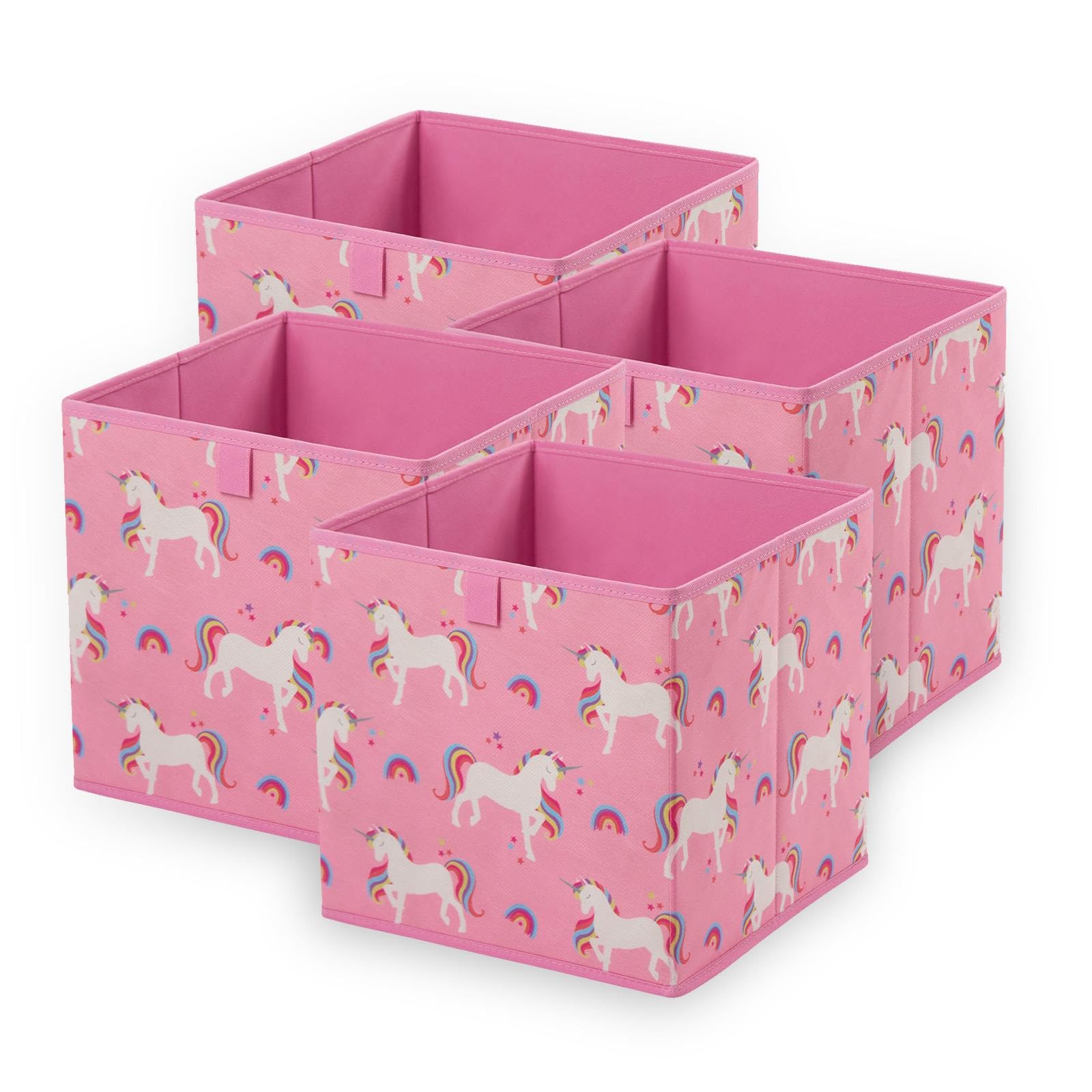 Ohs Girls Unicorn Pack Of 4 Foldable Fabric Storage Boxes For Kids, Space Saving Storage Baskets Home Organiser Toys Clothing Bathroom Pop Up Collapsible Print Cube Storage, Pink