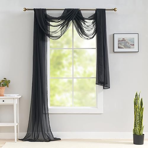 Luvyohmee Cenefa de bufanda transparente negra para ventanas, cortina de 144 pulgadas, cenefas de ventana de tela para drapear, toldo de cama, 52