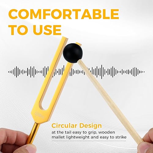 Miniatura 6 de DRELD 528 Hz Tuning Fork, Golden Solfeggio Tuning Forks 528 Hz para instrumento musical, martillo de silicona de meditación, paño de limpieza y bolsa