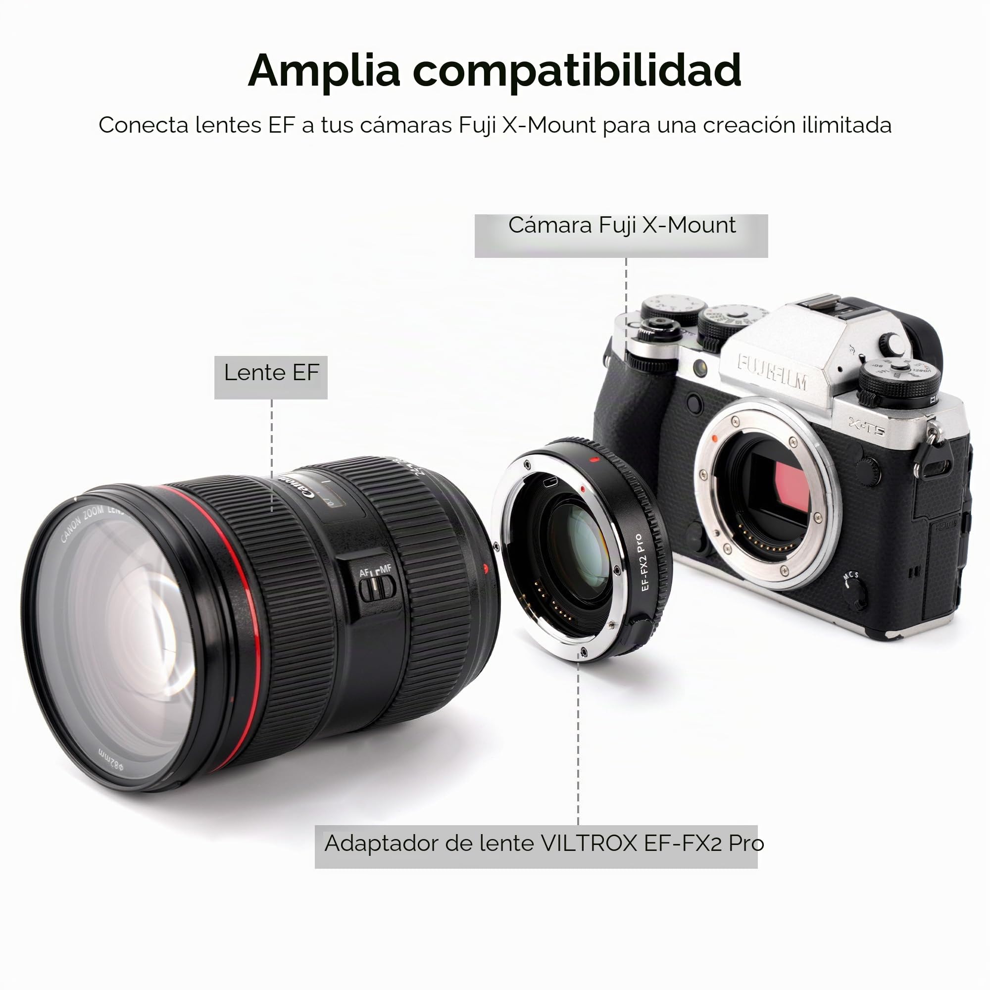 VILTROX EF-FX2 Pro Adaptador de Objetivo de Enfoque Automático 0.71x, Reductor Focal Aumentador de Velocidad Compatible con Canon EF Mount Objetivo a cámara Fuji X-Mount X-T3 X-T2 X-T20 X-T10