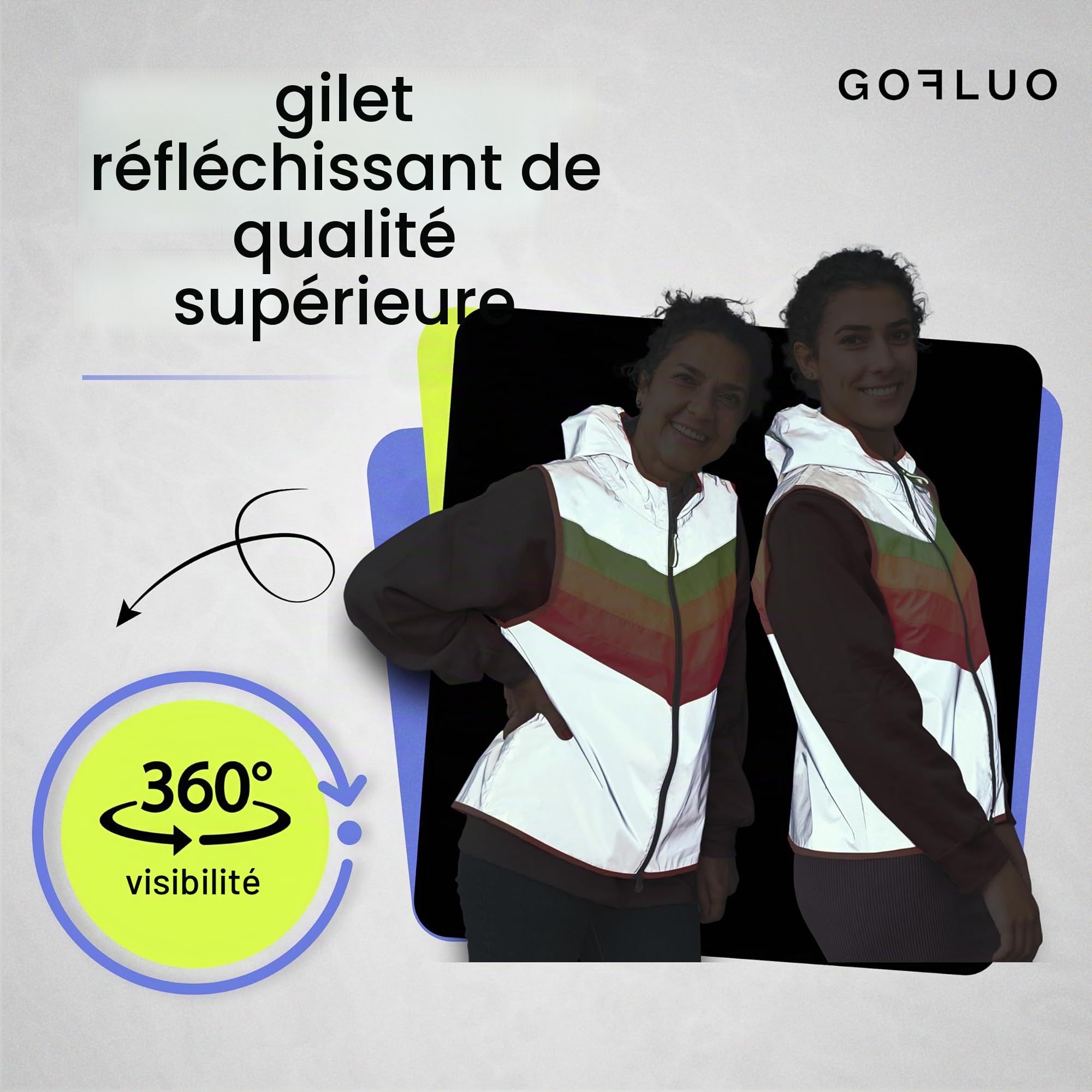 gofluo. Darkflow Gilet réfléchissant – Darkjacket – Fluo Neon – Gilet de sécurité – Gilet réfléchissant – visible dans l'obscurité pour les randonneurs, le jogging, le vélo, la moto – Gris