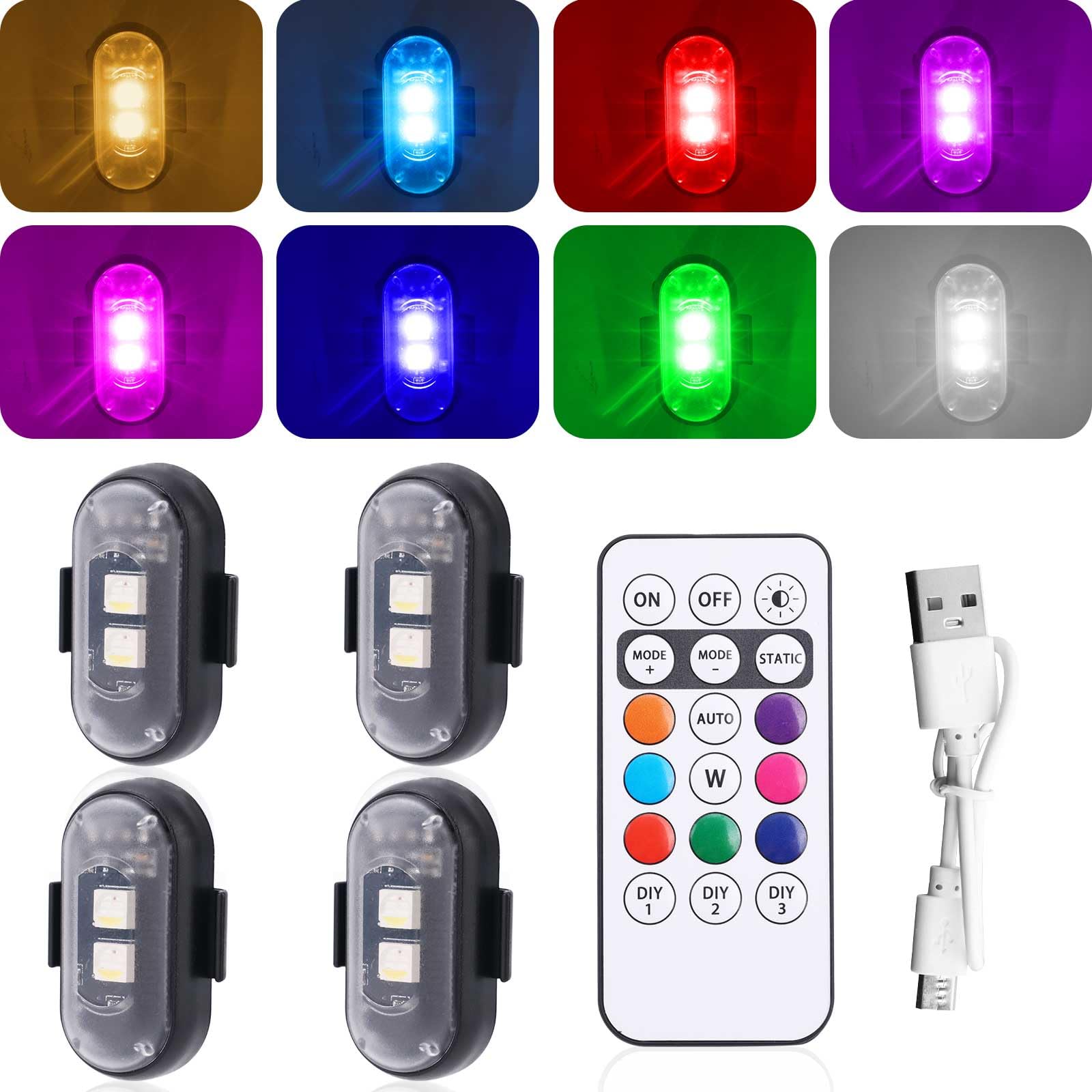 Lot de 4 Lumières Stroboscopiques Télécommandées, 8 Couleurs Feux d'Avertissement d'Urgence Rechargeables Kit de Lumières LED Sans Fil Étanches Anti-Collision pour Drone, Voiture, Moto, Vélo
