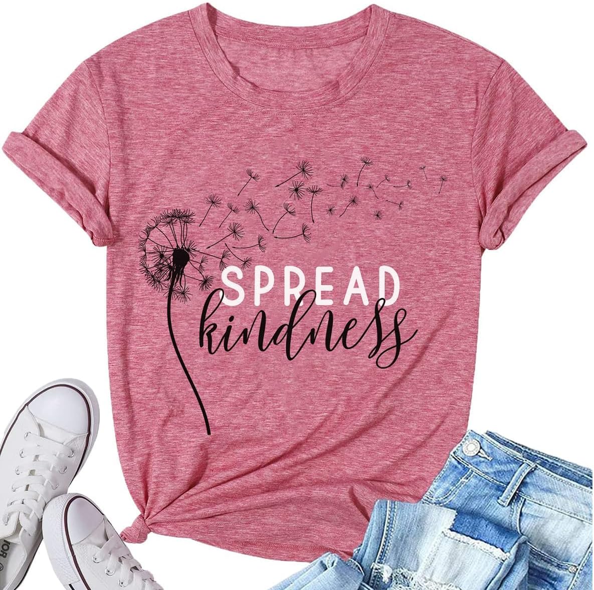 Women's Summer Spread Kindness T Shirts for Women Dandelion Graphic Loose Tees Crew Neck Short Sleeve Casual Printed Cute Top