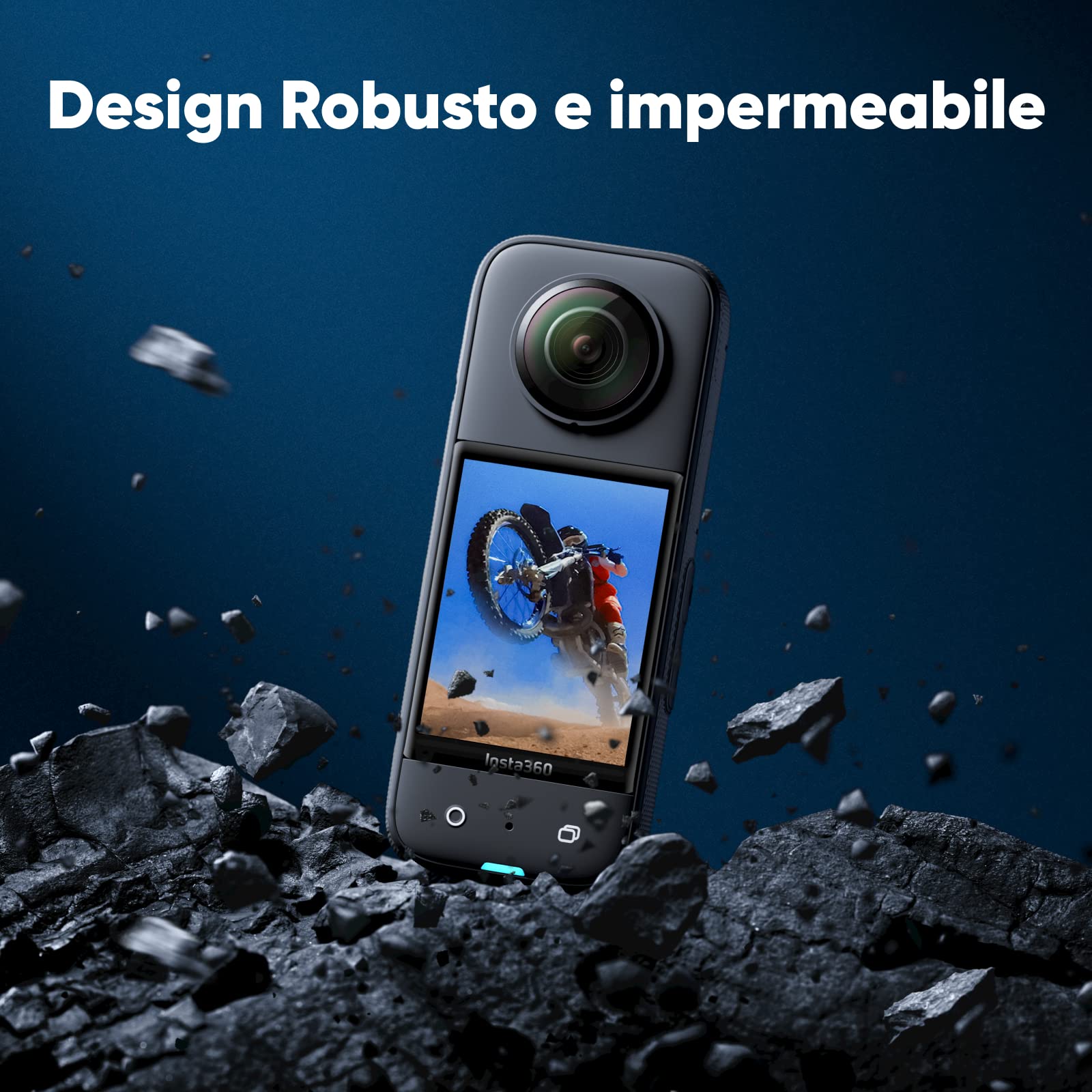 Insta360 X3 Kit Moto - Action Cam 360 impermeabile con sensore da 1/2", foto 360 da 72MP, video 360 5.7K, stabilizzazione, touch screen 2,29", vibrazione, editing IA, live streaming, webcam