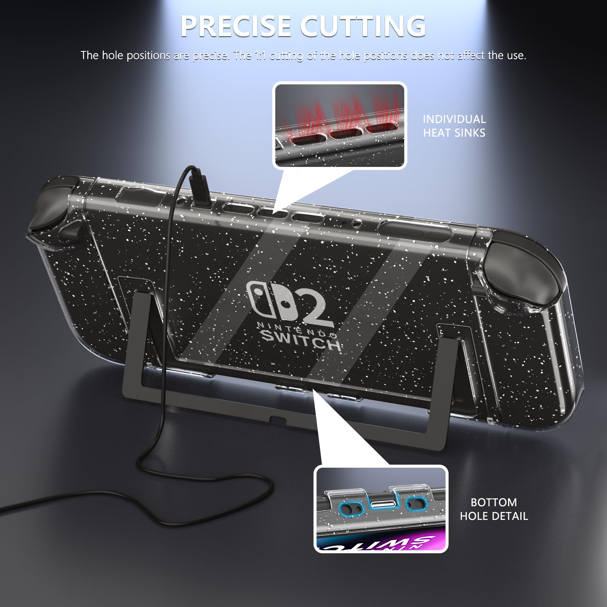 FANPL Custodia trasparente glitterata per Nintendo Switch 2 (2025), custodia protettiva agganciabile per Switch 2 e controller Joy Con con pellicola protettiva per lo schermo, 4 tappi per pollice