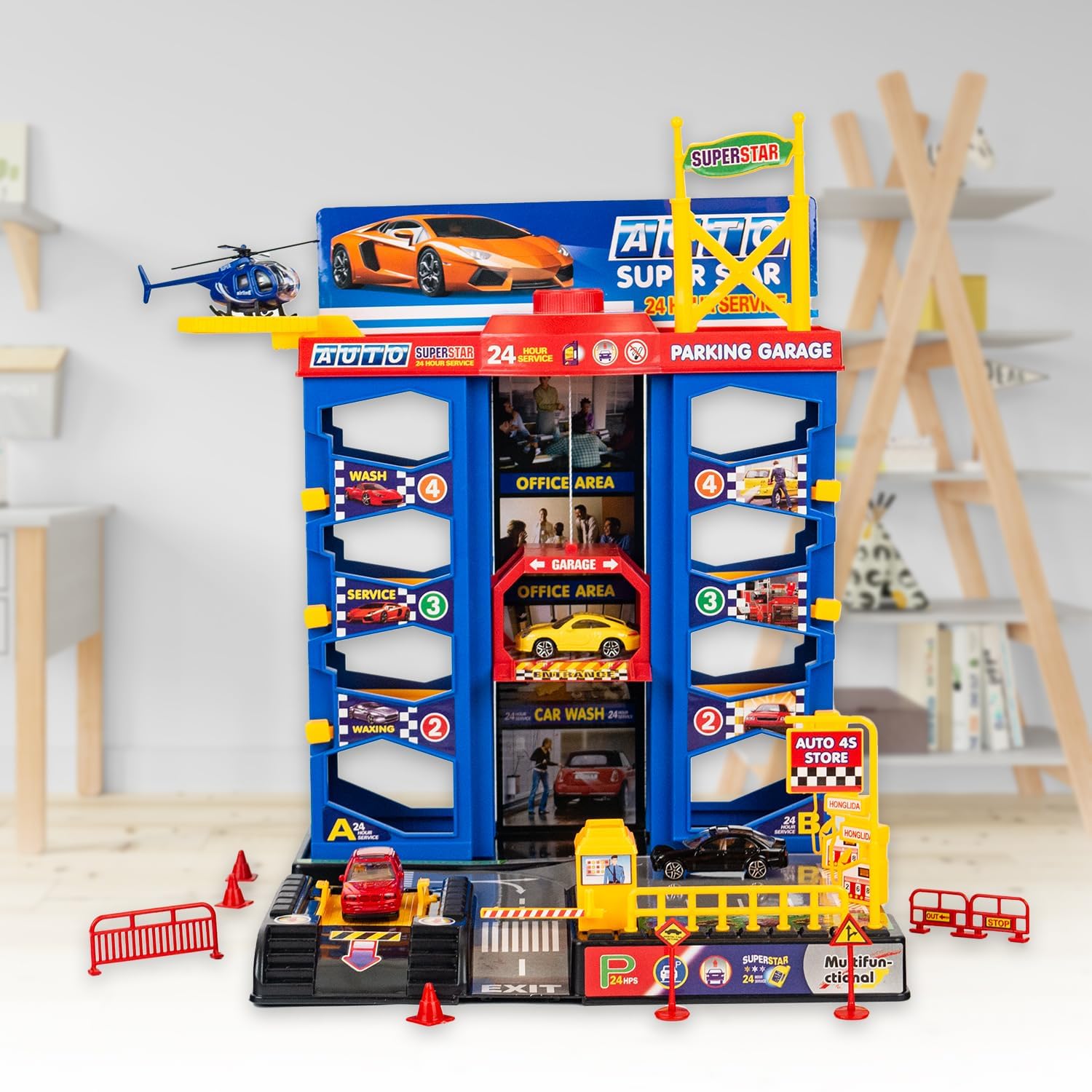 CELMAN Garage de Jeu pour Enfants - Parking de Jouets Multifonctionnel avec Ascenseur et Atelier, Inclus 3 Voitures en Métal, Hélicoptère et Accessoires, Jouet pour Enfants de 3 4 5 6 7 8 Ans