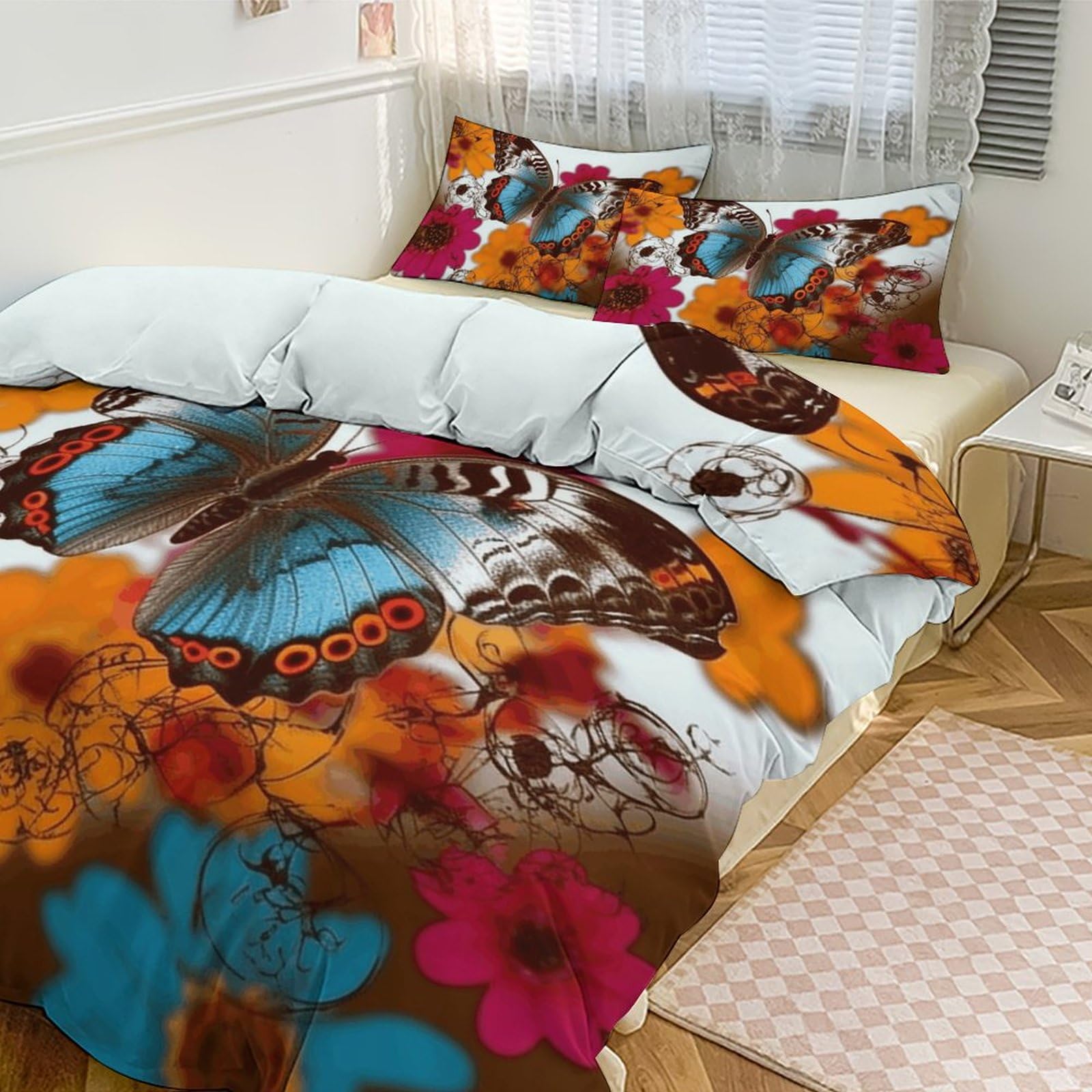 Parure de lit 3 pièces avec couvre-lit motif floral et couette pour grand lit