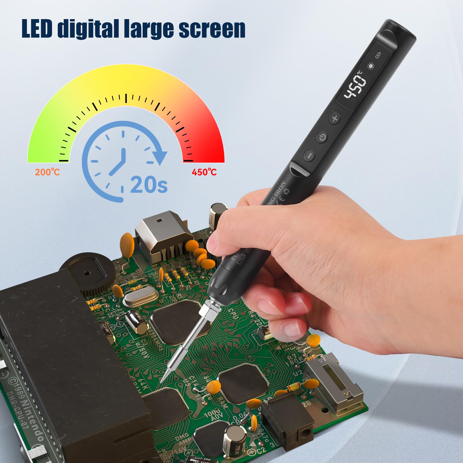 Set soldador estaño, Juego de soldador recargable por USB con pantalla LCD, temperatura ajustable de 200 a 450 °C, 3 puntas, alambre de soldadura, soldador y pasta de soldadura para soldar electronica