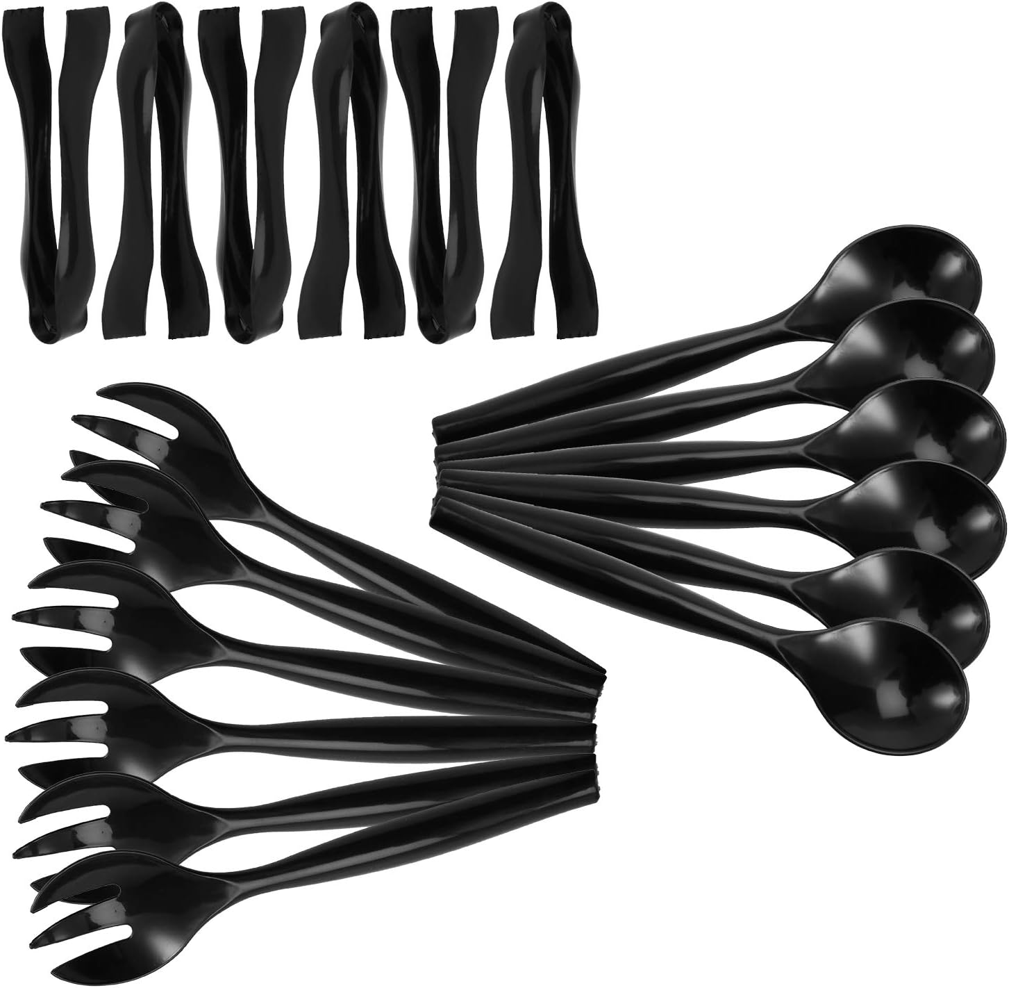 Plastic Serving Utensils, Black Heavy Duty Disposable utensil, 24 Pack, 8-10” Spoons and Forks, 8-6-1/2” Tongs
