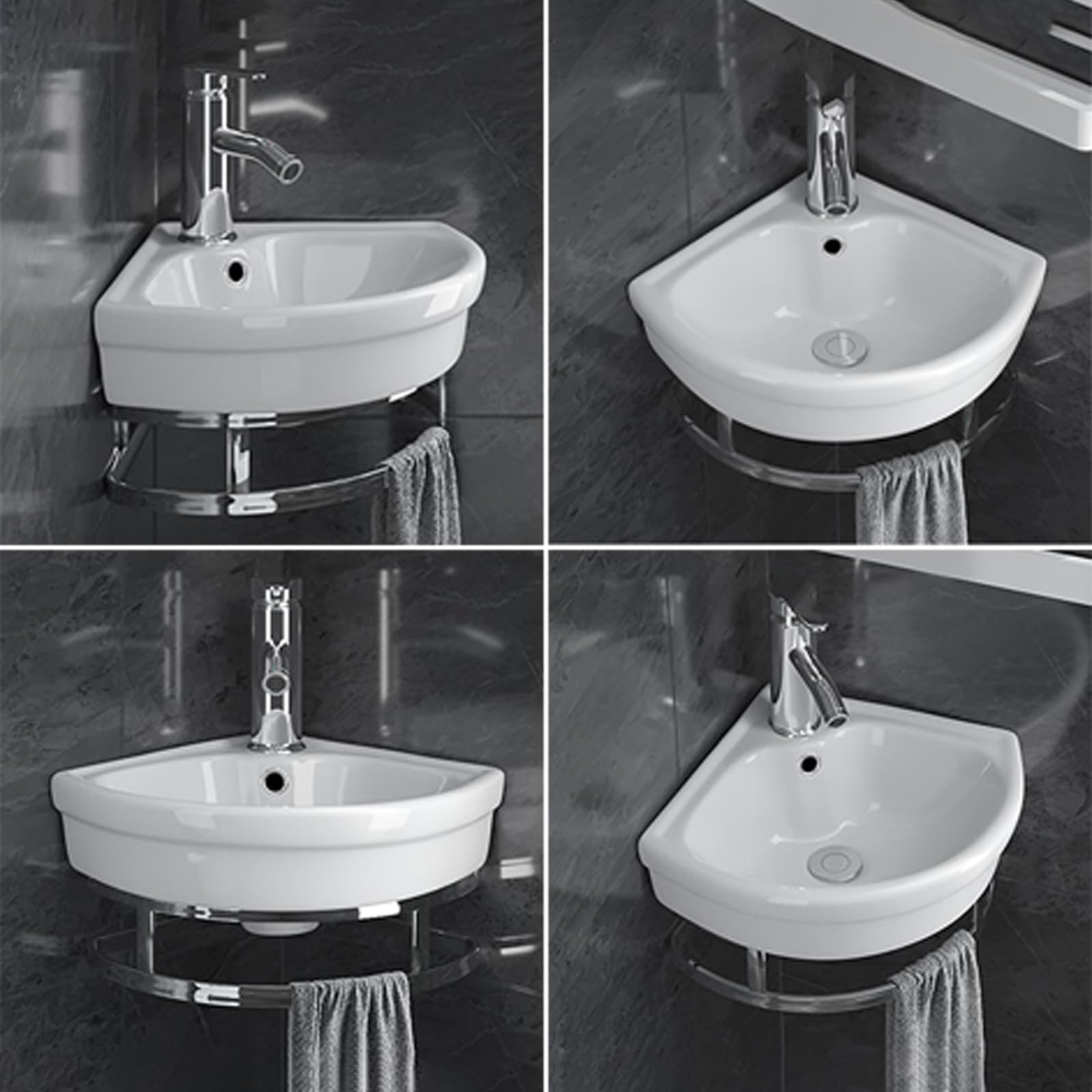 Lavello da bagno moderno ad angolo da 25,4 cm, piccolo lavabo da parete con rubinetto di scarico barra per asciugamani per cucina bagno fattoria