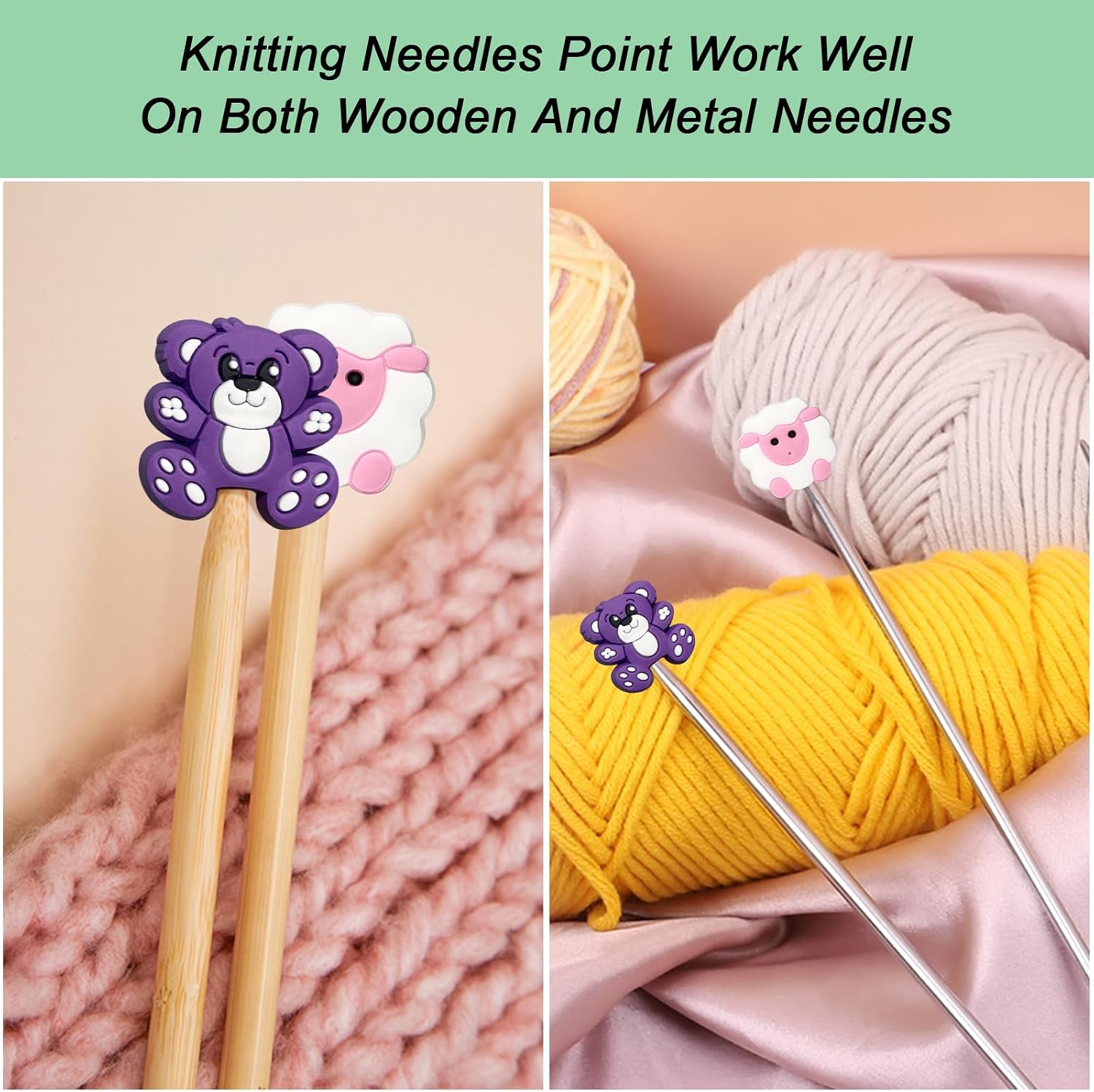 Yzzyemn 10pcs Adult Knitting Needle Stoppers and Knitting Accessories Kit with Bear and Sheep Design in Size 0-5