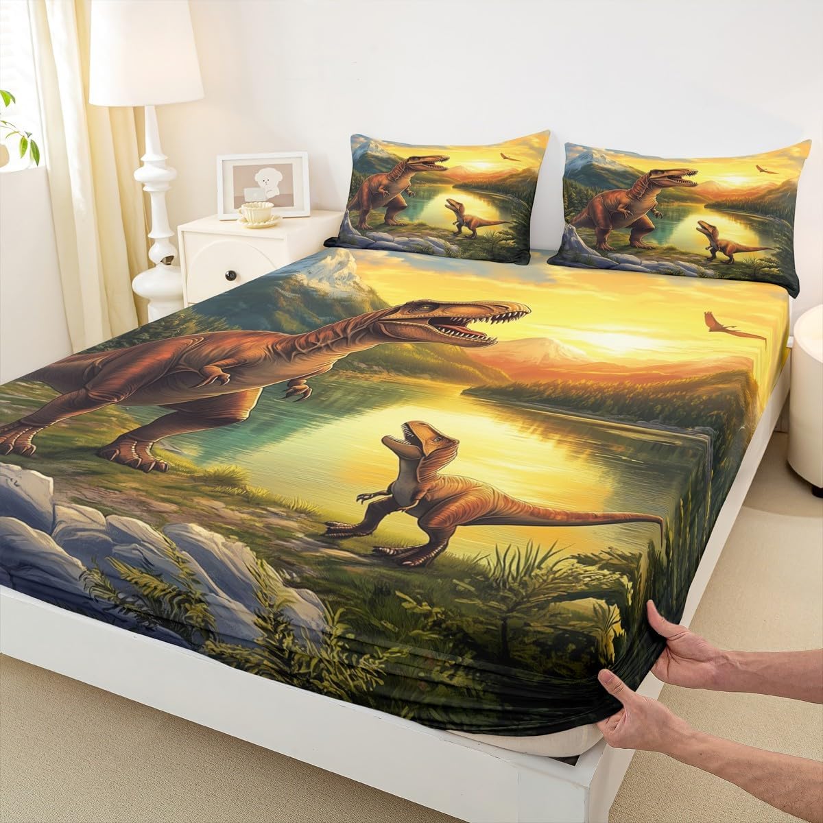 Erosebridal Kids Dinosaur Twin Fitted Sheet Dino Sheets Toddler Bed, Wild Animal Bed Sheets Jungle Wildlife Bed Cover, 3D Dinosaur Print Bed Set Boys Girls Home Decor (Deep Pocket)