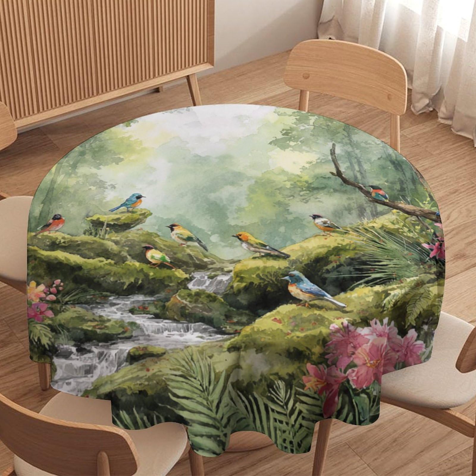 LUYYSKY Retro Realistic Cute Bird Waterproof Round Tablecloth Vintage Abstract Spring Forest Botanical Trees Animal Bird Washable Table Cover for Kitchen-177.8" Wx177.8 L cm