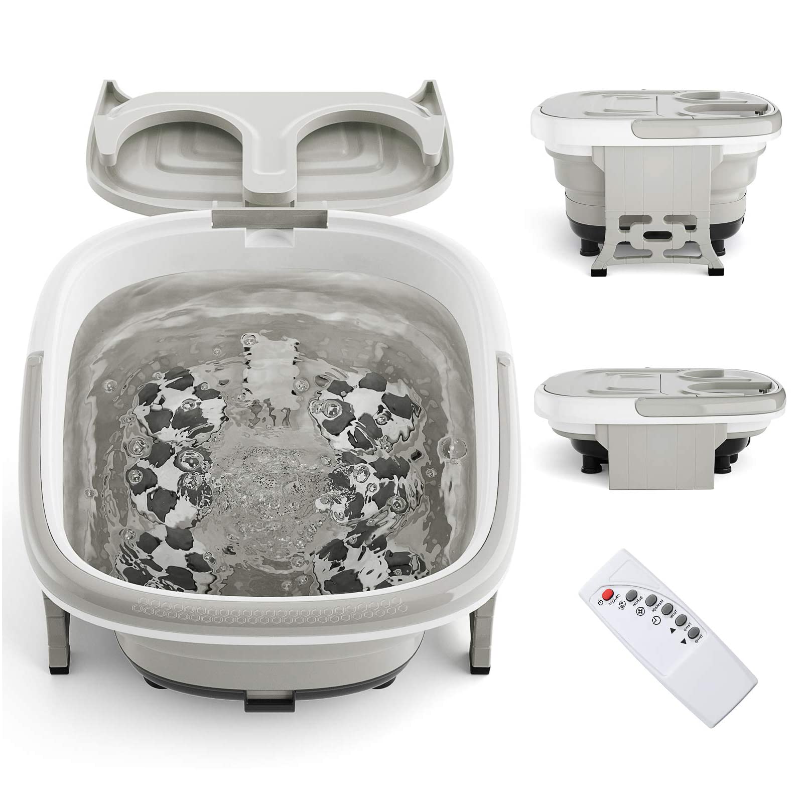 RELAX4LIFE Pediluvio Massaggiatore Piedi con Luce Infrarossa, Scalda Acqua Fino a 48°C, Massaggiatore Piedi Pieghevole con Telecomando Portatile, Funzione Calore e Rullo (grigio)