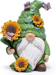 Hodao Rotatable Sunflower Gnome Figurine Desk Decor All-Season Gift | Hand-painted resin gnome with butterflies and a rotatable sunflower for desks, shelves, home offices and displays