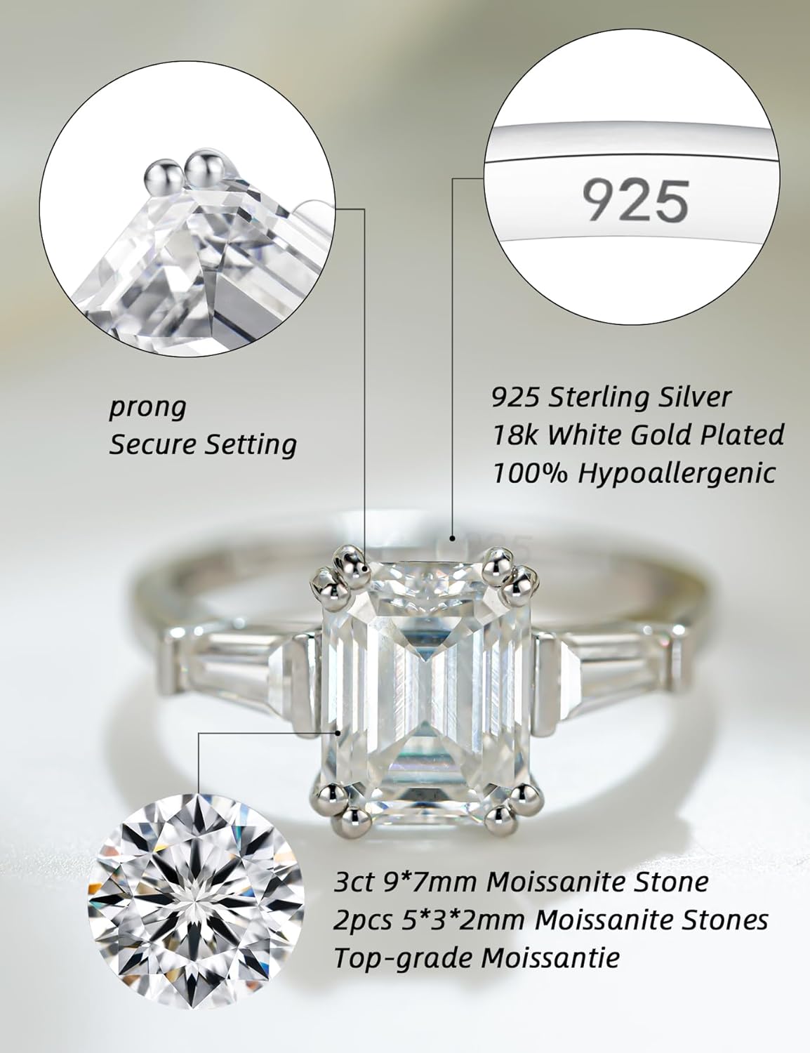 IMOLOVE Moissanite Engagement Rings for Women, 3 Carat D Color VVS1 Emerald Cut Solitaire Engagement Rings Moissanite Wedding Rings for Women with 18K White Gold Plated Size 5-11 - Image 2