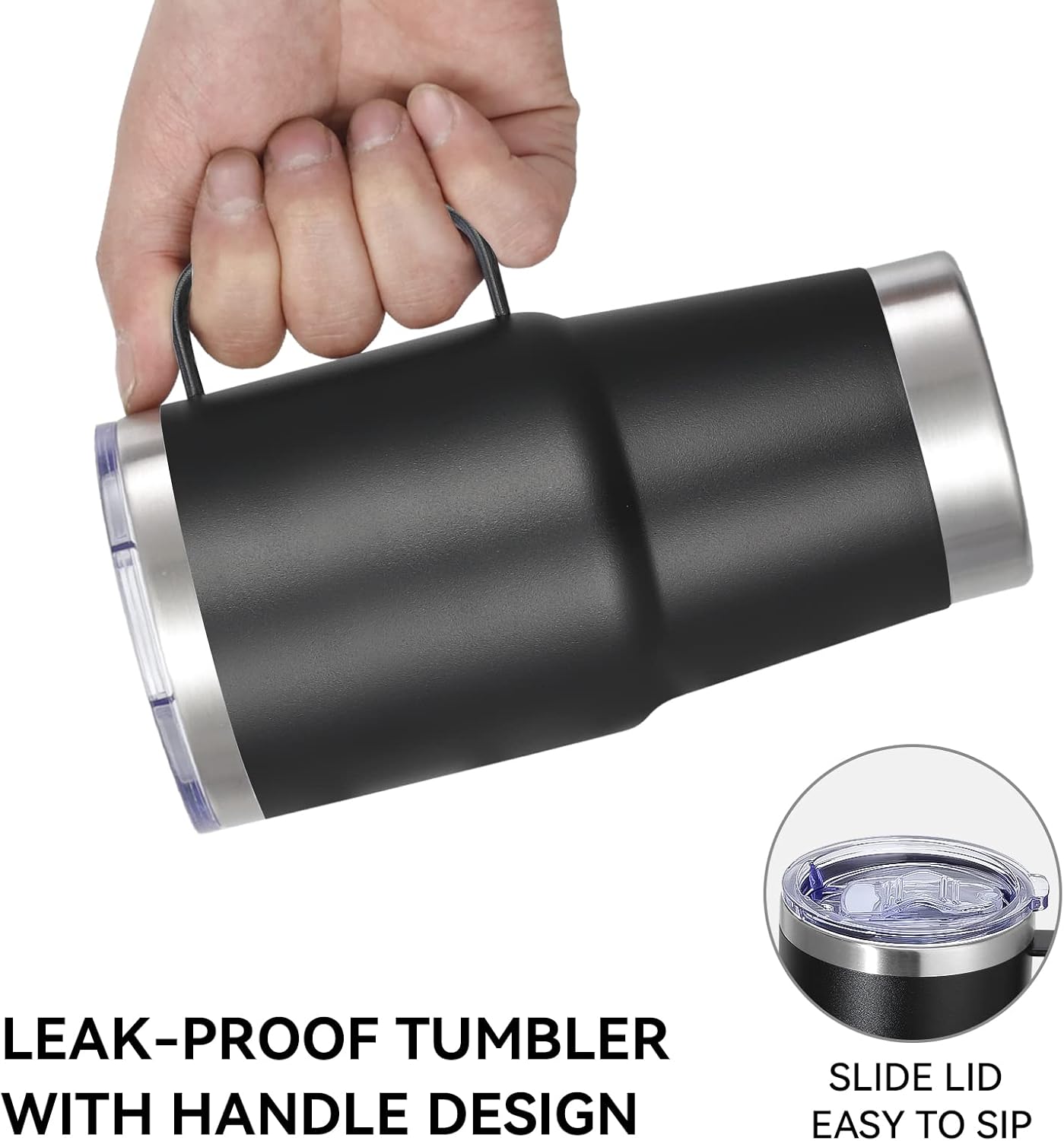 VEGOND 20 oz Tumbler Bulk with Handle Lid and Straw, Stainless Steel Insulated Travel Coffee Mug Set, Spill Proof Double Wall Metal Tumblers Cups, Powder Black 12 Pack - Image 8