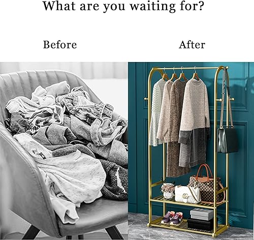 Miniatura 4 de Perchero de ropa dorado moderno estante industrial para colgar ropa con barra superior y estantes inferiores organizador multifuncional de ropa