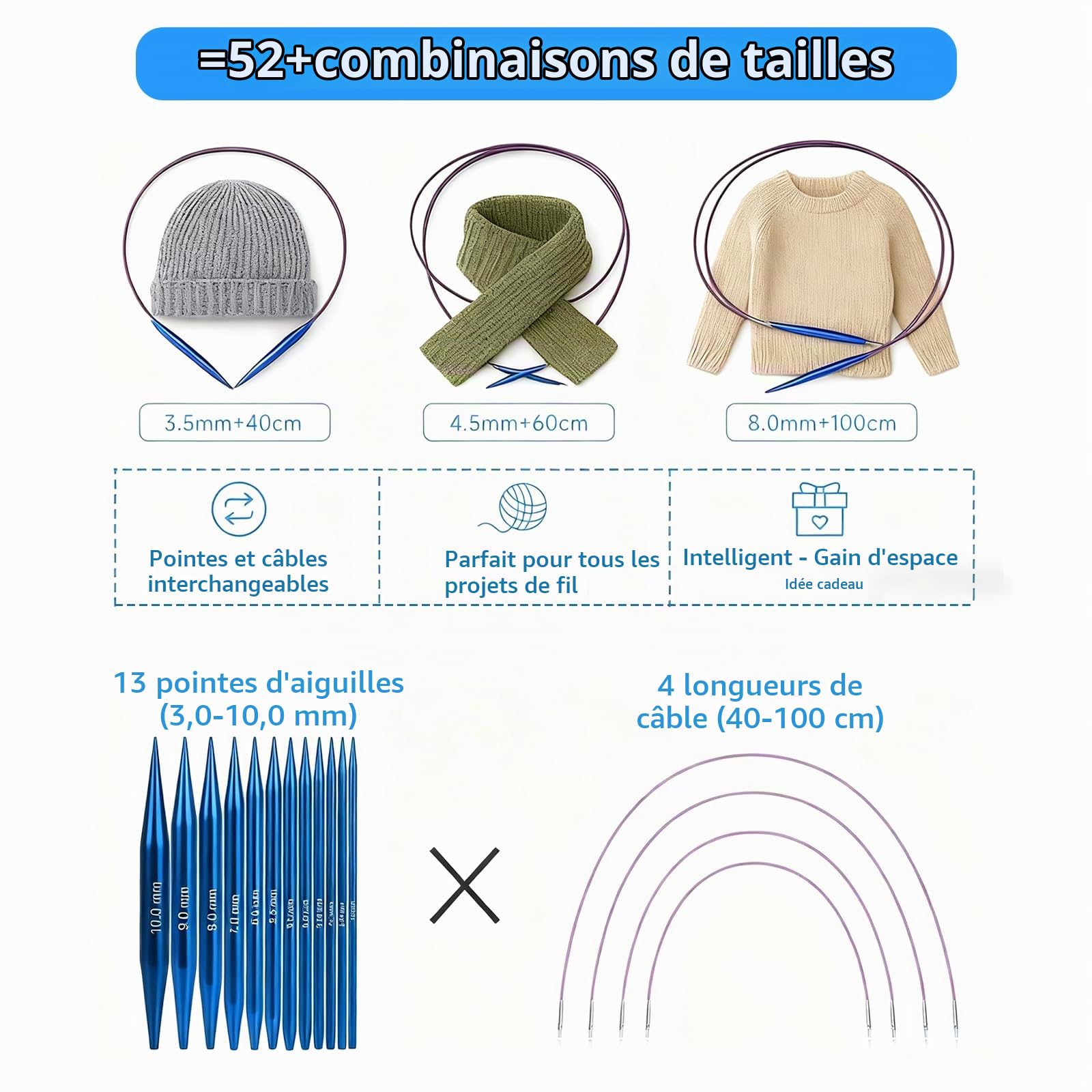 13 Paires Kit Aiguilles Circulaires Tricot Interchangeable KOSLEOW 3.0-10.0mm avec Câbles 40/60/80/100cm, Aiguilles à Tricoter en Aluminium Anodisé Bleu pour Laine Grosse, Sac de Rangement Inclus