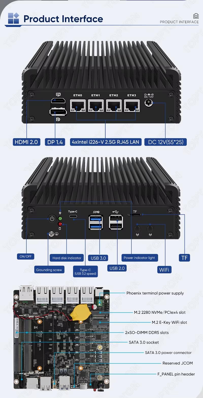 12th Gen Fanless Firewall Mini PC Intel i5 1235U 4X 2.5G LAN DDR5 3x4K