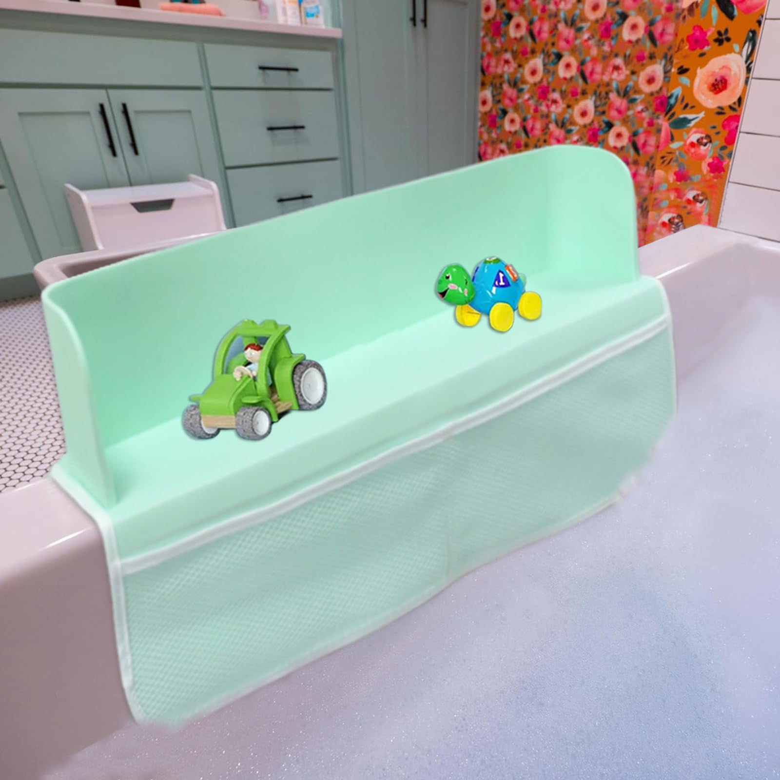 Divisorio per Vasca da Bagno a Prova fuoriuscite Paraspruzzi in Silicone con Tasca in Rete Portaoggetti per Giocattoli con Ventosa Blocco Acqua per Bagnetto per Bambini