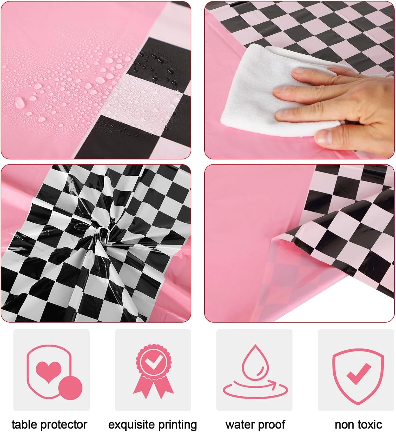 Oudain 6 Pcs Cars Birthday Party Supplies Racing Party Decorations Round Racing Tablecloth Checkered Flag Table Covers Road Plastic Table Cloth, 1950s Disco Dancing Party Tablecloth (Pink)