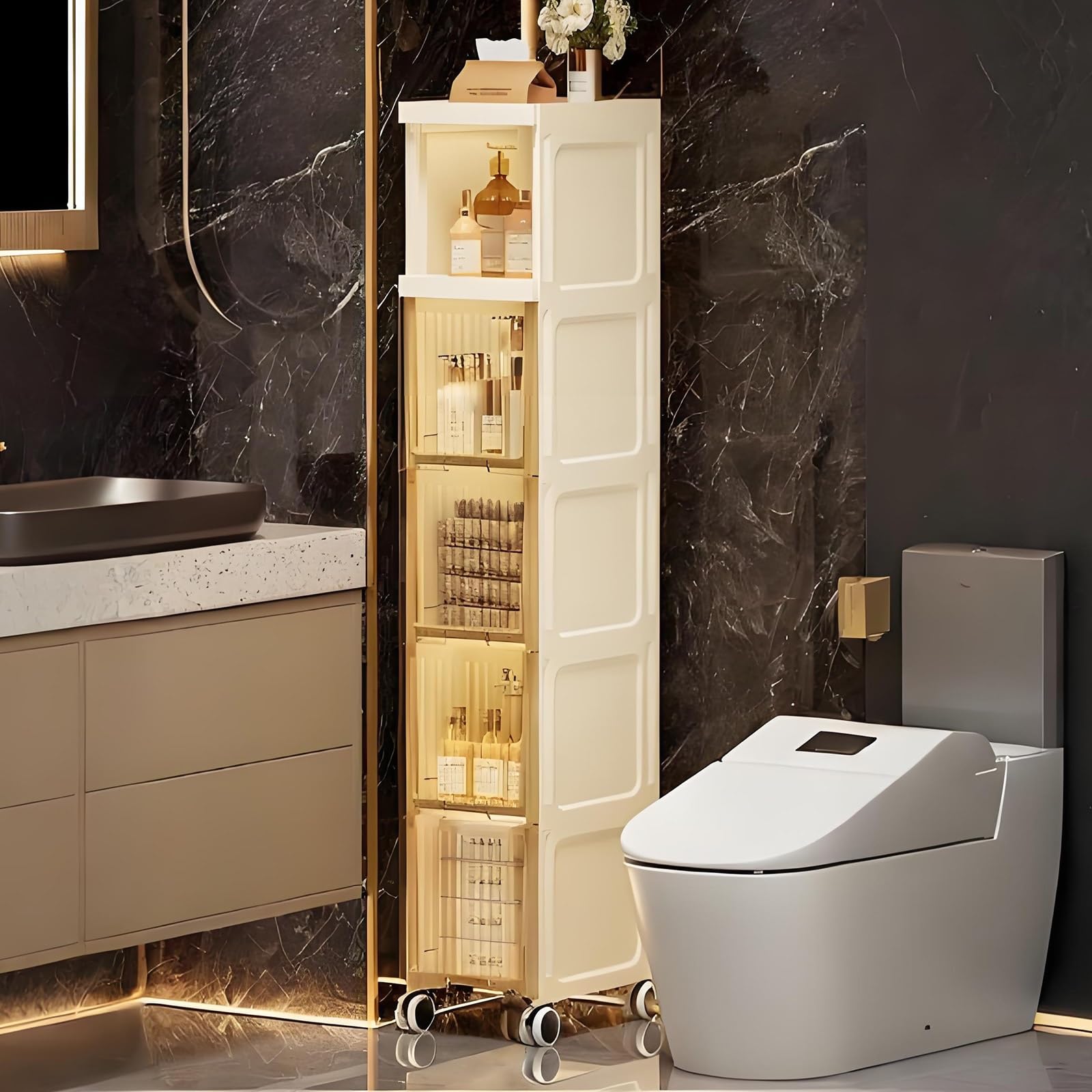 Gabinete de Almacenamiento Estrecho para baño con cajones, Carrito Organizador Impermeable con Ruedas para Espacios pequeños, Cocina y lavandería.