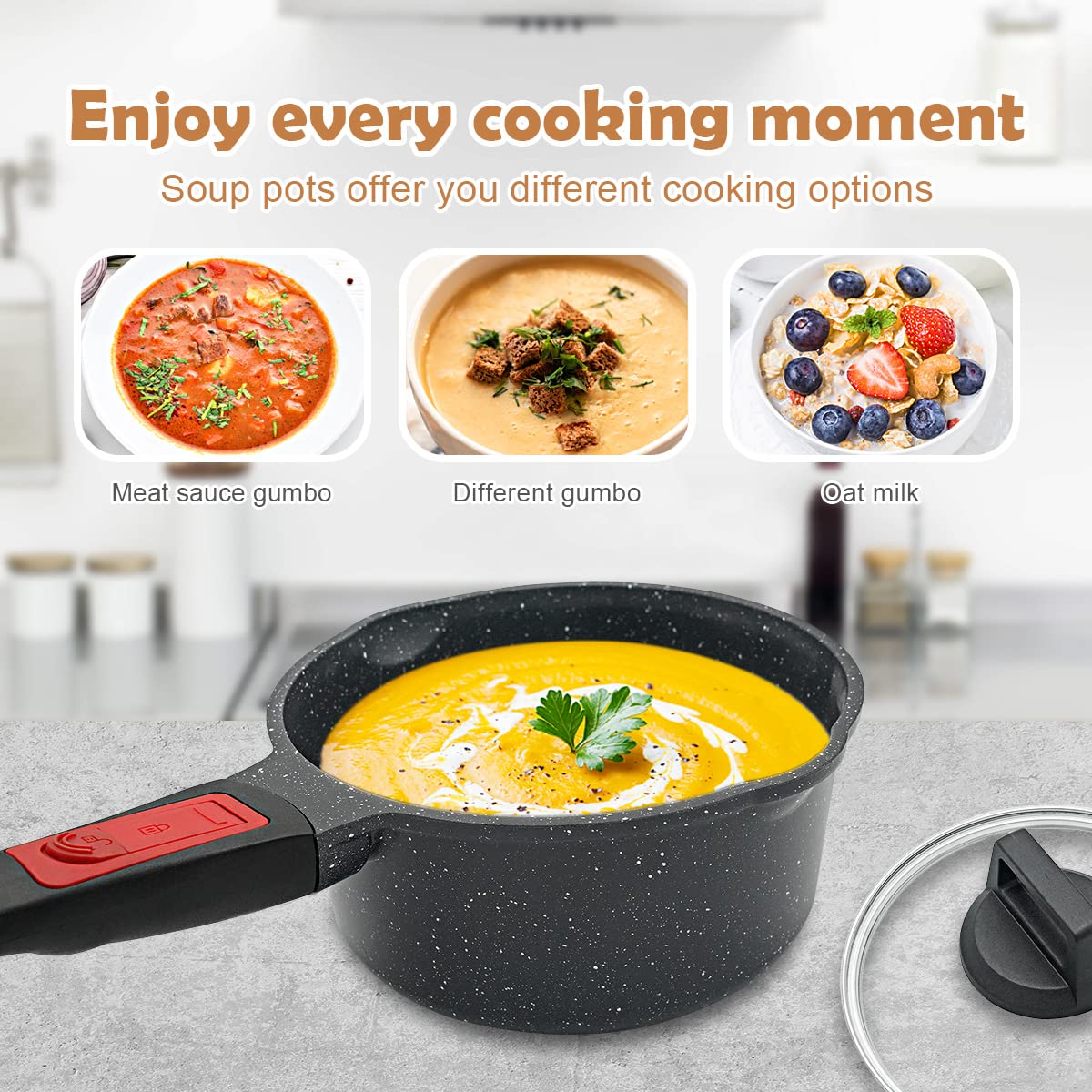 Cazo de 16 cm Cazo Antiadherente con Tapa Compatibles con Todos los Fogones, 1.5 L Sartén para Leche con Mango Desmontable, Apta para Horno y Lavavajillas