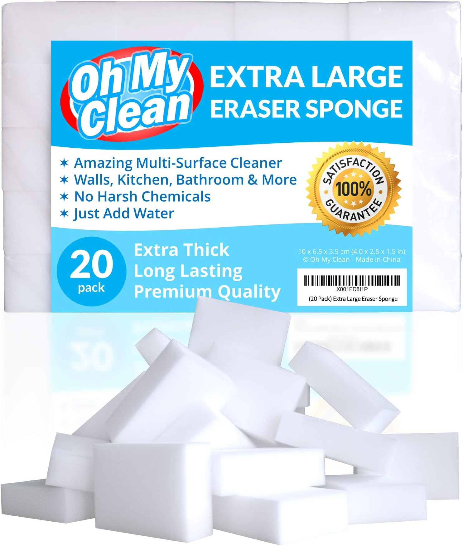(20 Pack) Extra Large Eraser Sponge – Extra Thick, Long Lasting Magic Melamine Cleaning Sponges in Bulk – White Foam Pads for Walls, Kitchen, Bathroom, Floor & Baseboard Cleaner