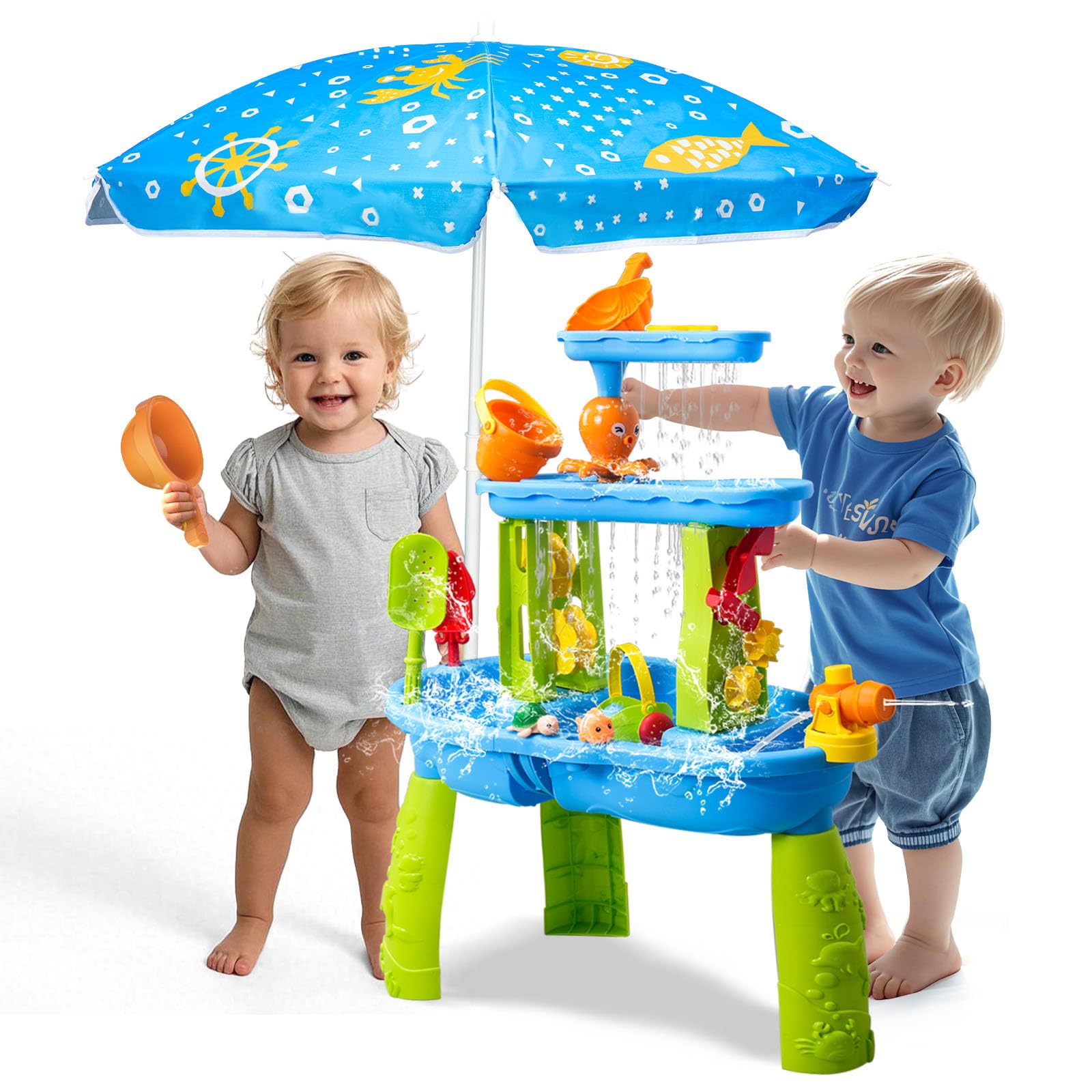 Photo 1 of AuntyFey Water Table for Toddlers 1-3-5, Toddler Sand Table, Kids Water Table with Umbrella for Outside Kids Ages 4-8, Blue