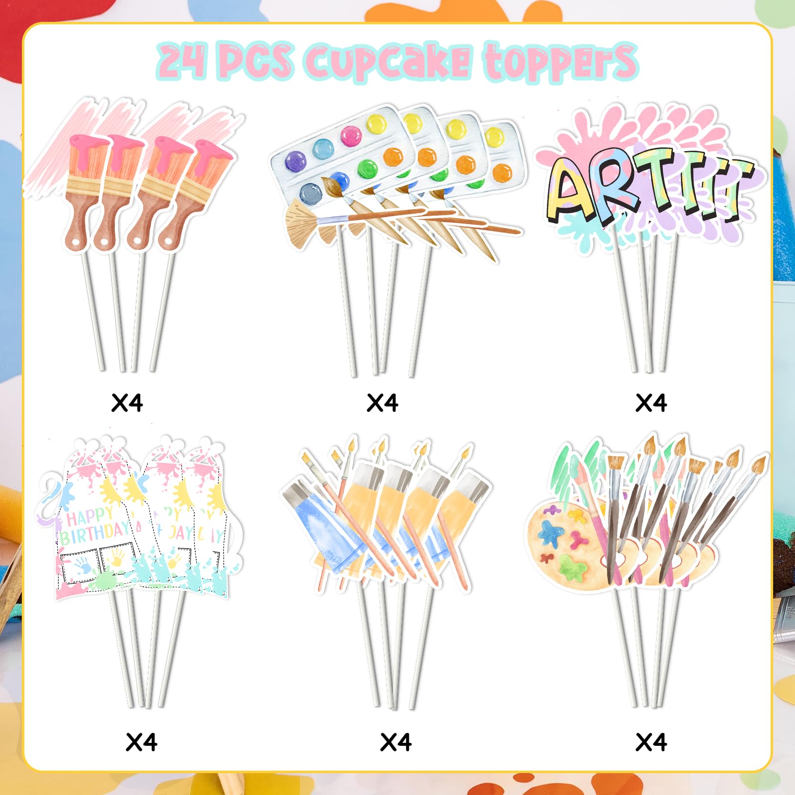 Funmemoir 24 Decorazioni Per Cupcake Arcobaleno Pastello: Topper A Forma Di Pennello E Tavolozza Per Feste A Tema Pittura