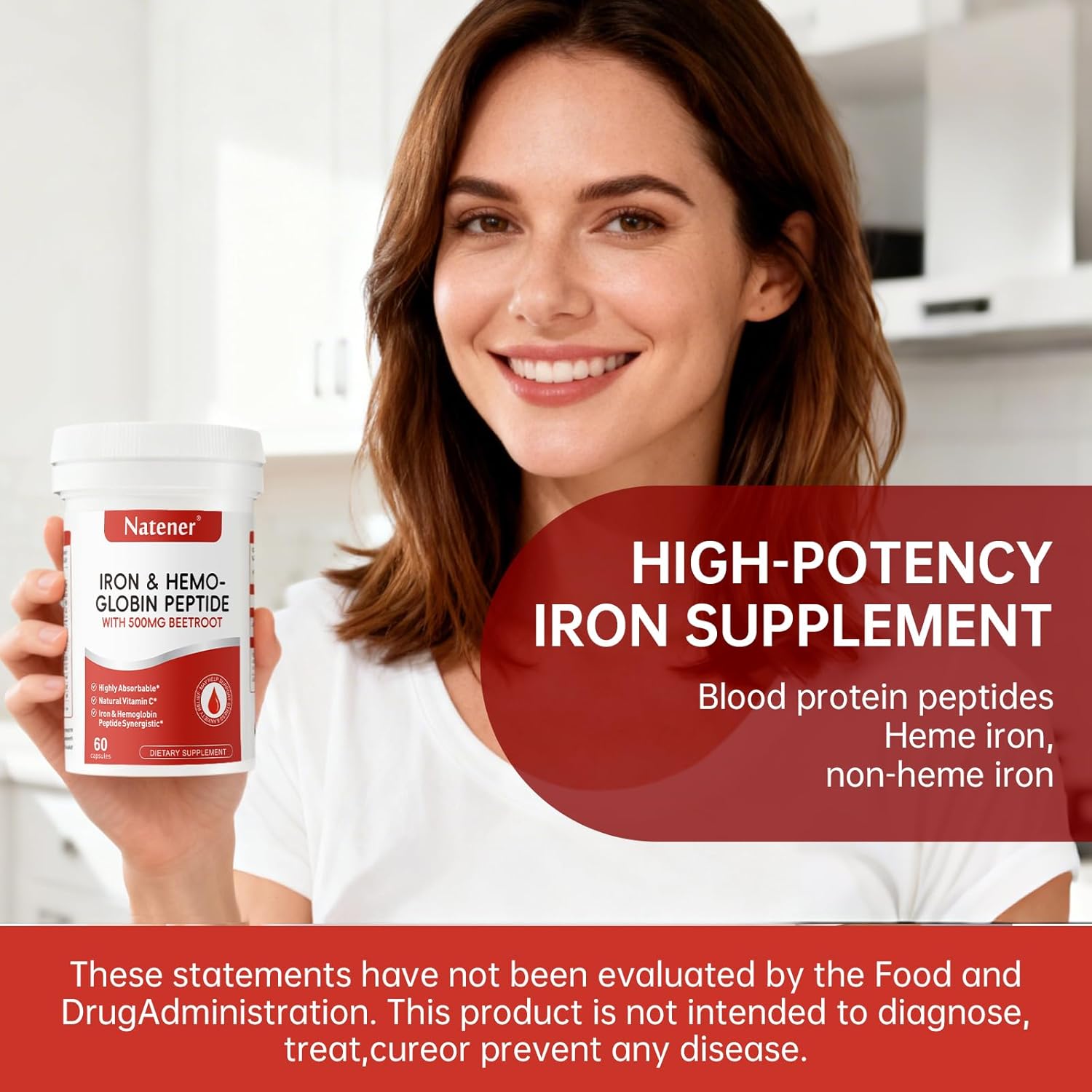 36mg Iron Supplement with 500mg Beetroot, Quad Chelated Iron & Hemoglobin Peptide Synergistic - Enhanced Absorption without Gastrointestinal Side Effects*, Support Anemia, Hemoglobin*, 60 caps - Image 7
