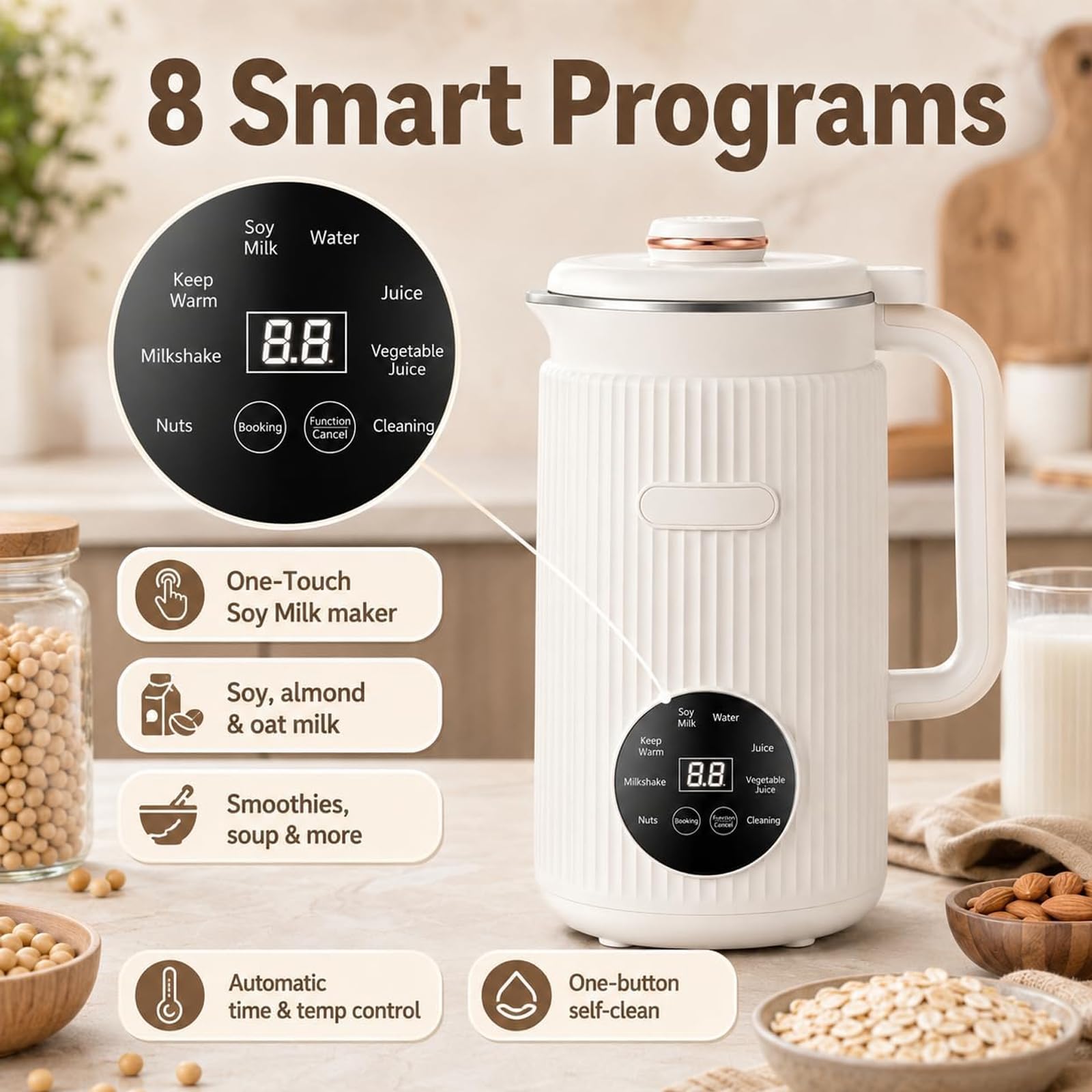 Makina do mleka orzechowego 1200 ml, 10 ostrzi / 8 inteligentnych | Samoczyszcząca i automatycznie wyłączająca się automatyczna maszyna do produkcji mleka sojowego(white)