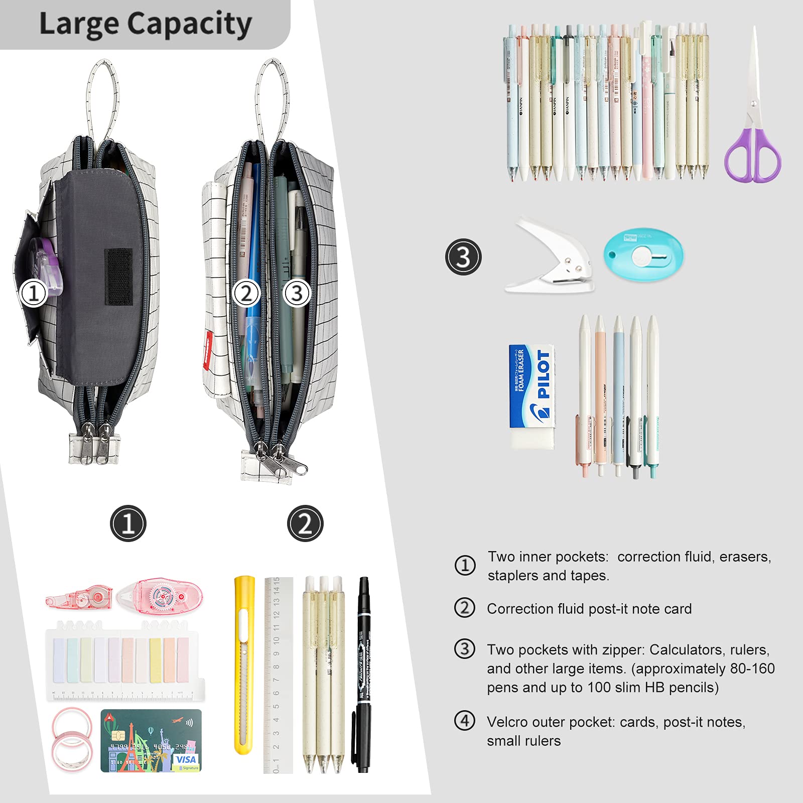 Astuccio Grande Con 2 Scomparti - Capacità 70+ Penne - Portapenne Per Scuola, Ufficio, Trucco - Plaid Bianco