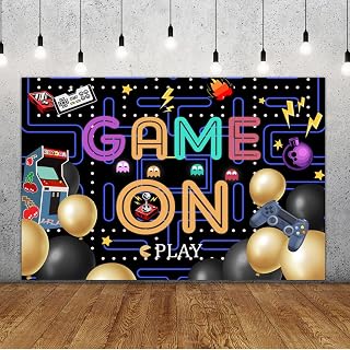 Lofaris Game On Backdrop Video Game Boys Birthday Photography Background Colorful Lights Party Supplies Kids Adults Gaming Party Decorations Baby Shower Cake Table Photo Booth 5x3ft