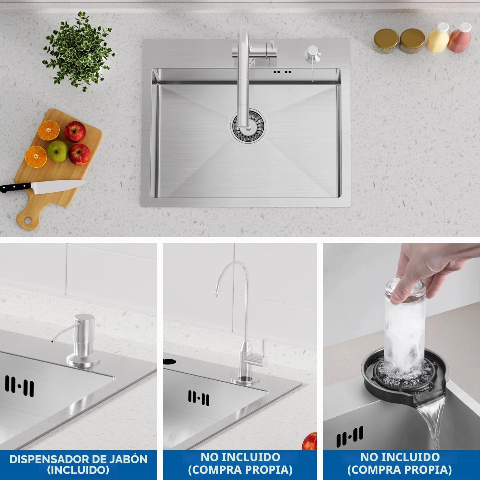 Auralum Fregadero de acero inoxidable 55 x 45 cm + grifo de cocina flexible, incluye dispensador de jabón y sifón, fregadero con grifo, set de cocina
