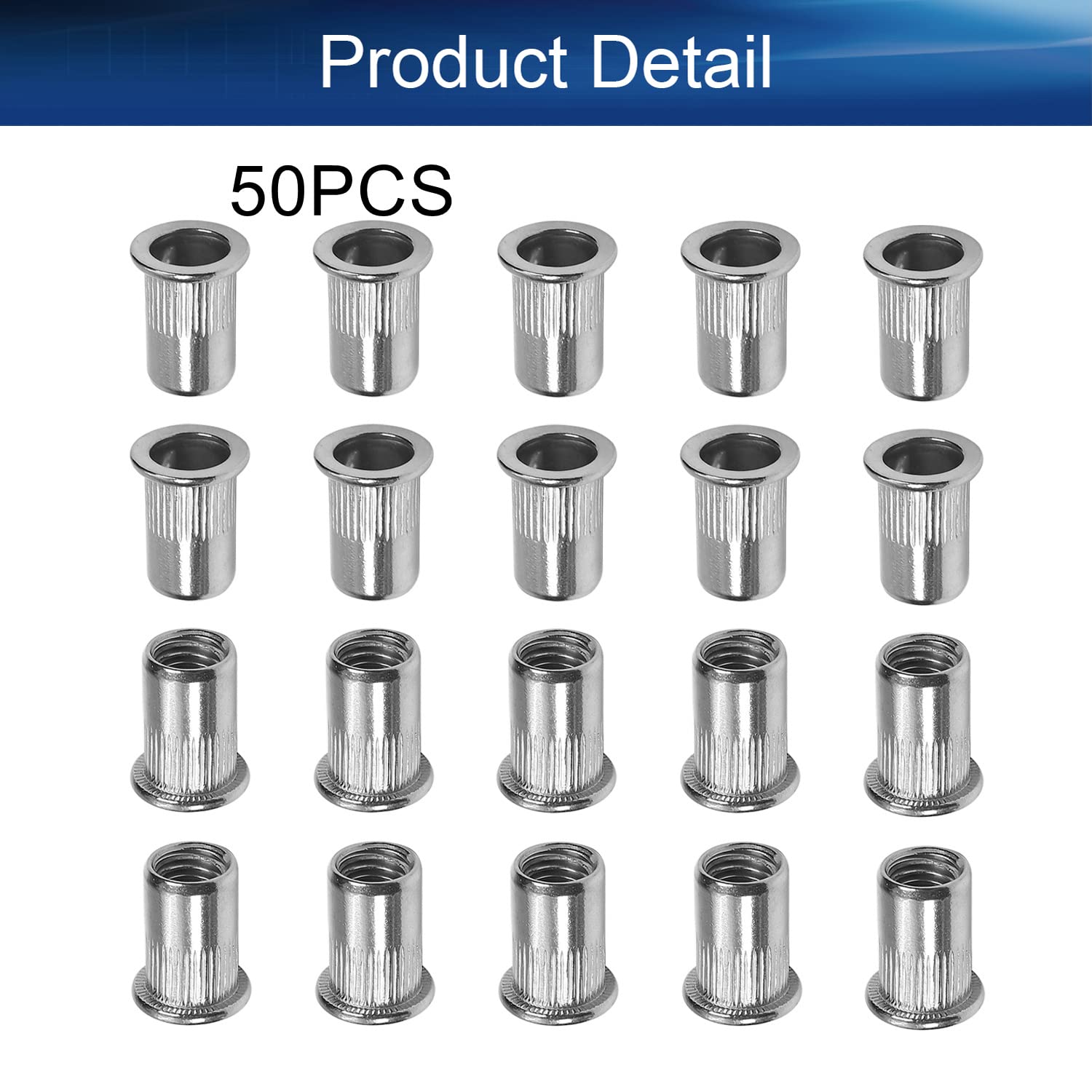 Yinpecly M10 304 Stainless Steel Rivet Nuts Flat Head Insert Nutsert Silver Tone 50pcs