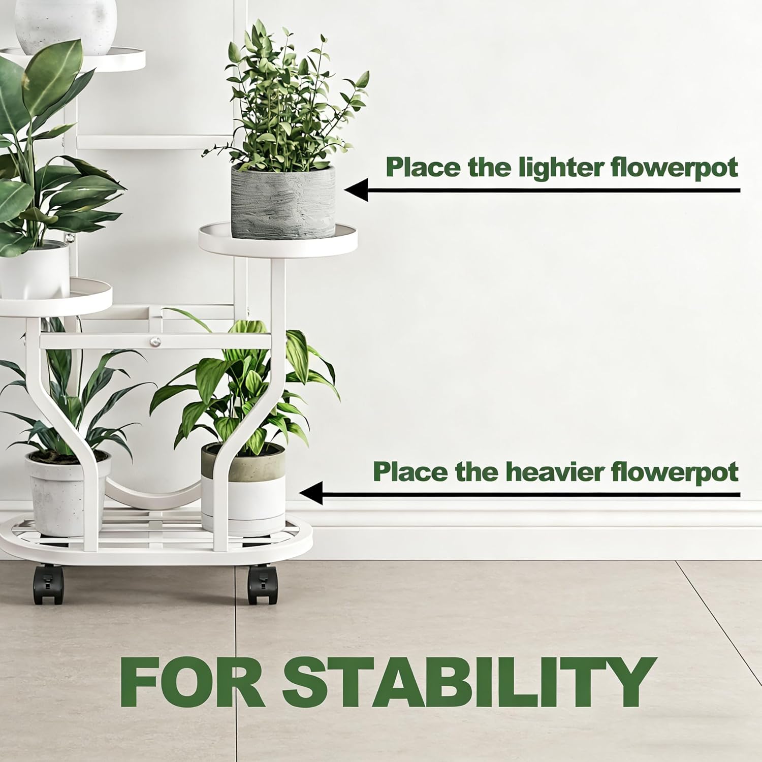 Plant Stand Indoor Outdoor 4 Tier Flower Holder with Wheels Metal Plant Shelf Corner Display Rack Multi Plants Sheleves for Living Room Garden Patio White