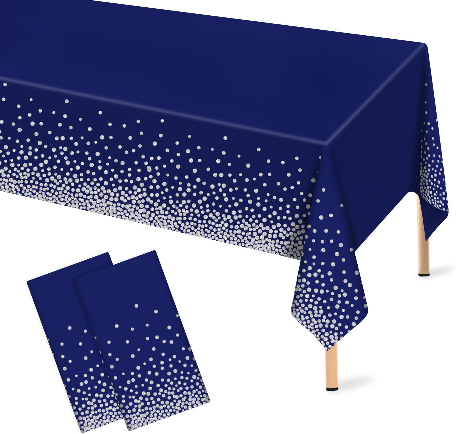 Mulbozy 2 Pcs Navy Blue Plastic Tablecloth Silver Dot Blue Table Cloths, 54×108 inches Disposable DarkBlue Table Cover for Anniversary Friendsgiving Fine Dining Graduation Party Decoration