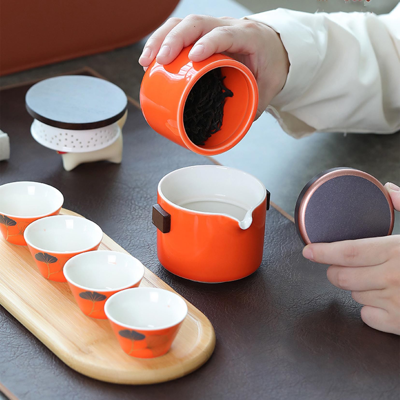 Chiński zestaw do herbaty ceramiczny czajniczek Kung Fu Gongdao kubek zaparzacz do herbaty, przenośny zestaw do herbaty w jednym 8-częściowym z brązowym skórzanym etui zestaw do herbaty prezent do