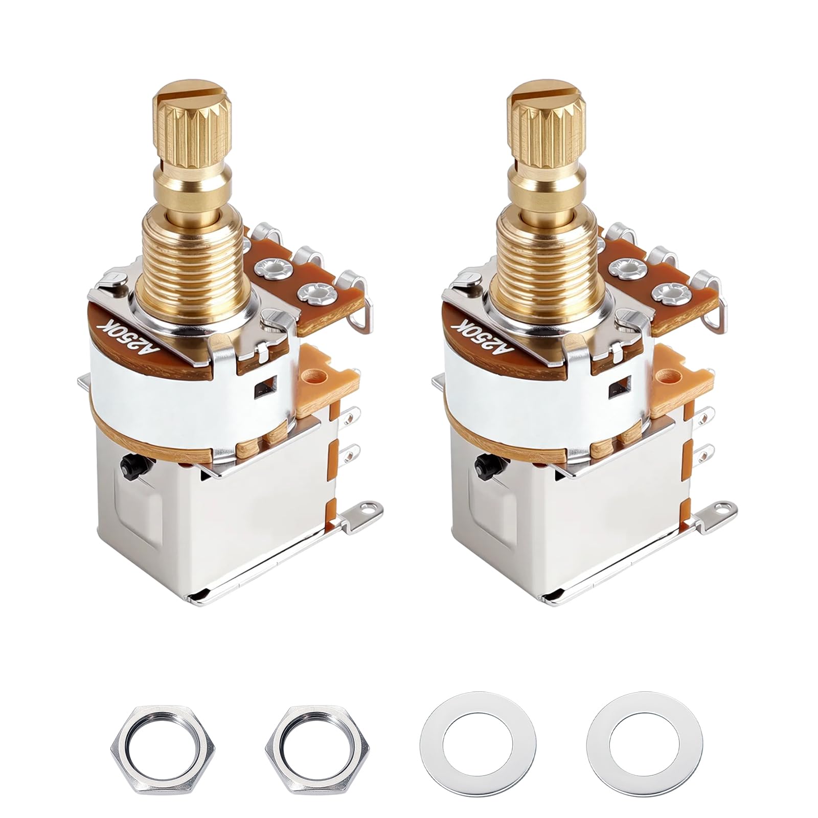 Banworks Vollmessing M8-Gewinde Gitarren Push-Push-Pots A250K 18-Zahn-Pots | Metrische 15 mm lange Split-Schaft Audio-Taper-Potentiometer für Squier/Epiphone/IBZ/ESP E-Gitarre 2 Stück JT/XNQ-04