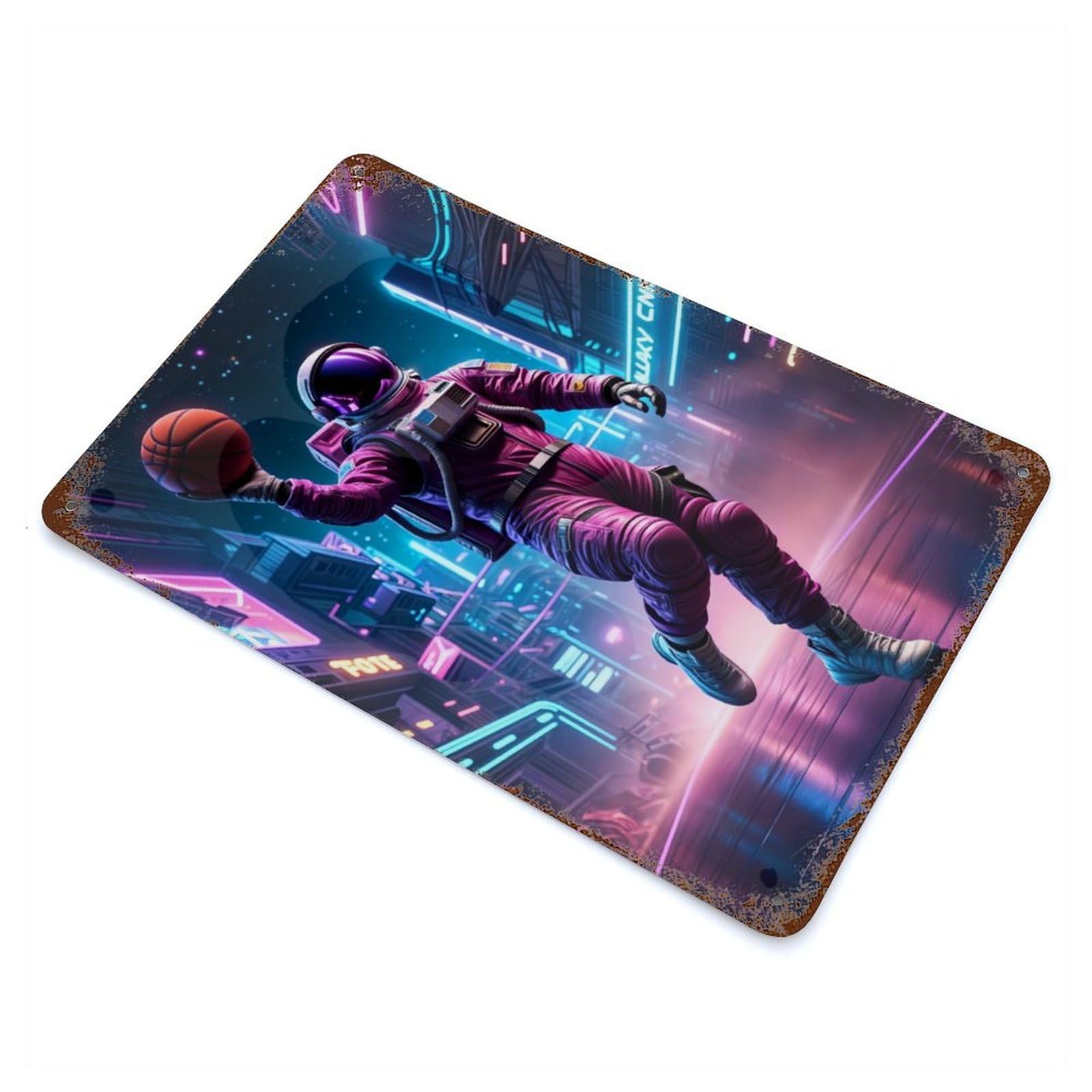 Basketball Neon Astronaut Vintage Rust Metal Sign 11.8"x7.9", for Basement, Hobby Room And Garage Decor, Farmhouse Wall Decor